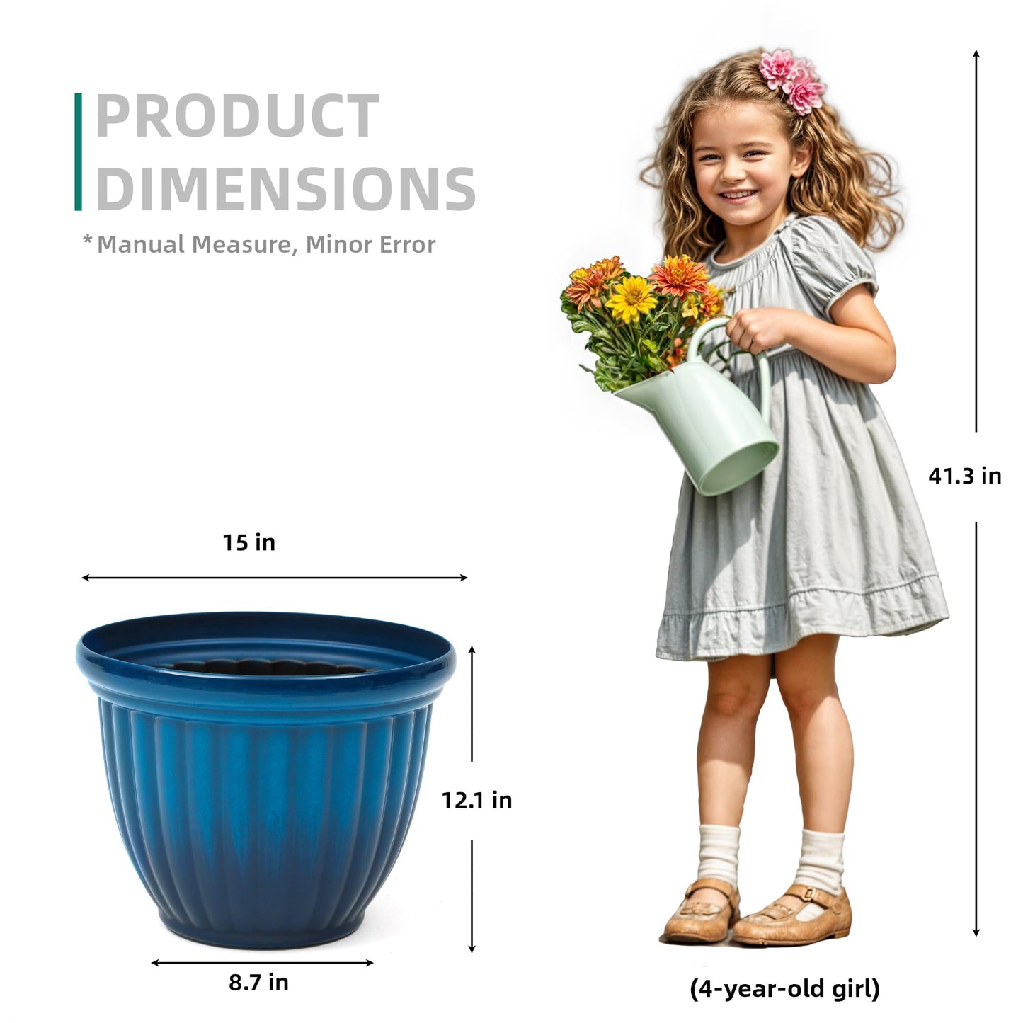 Ultym 15" Outdoor Large Flower Pots (Set of 2), Gradient Blue Plastic Planters with 3D Texture, Weather-Resistant for Garden, Patio, Porch or Indoor Use