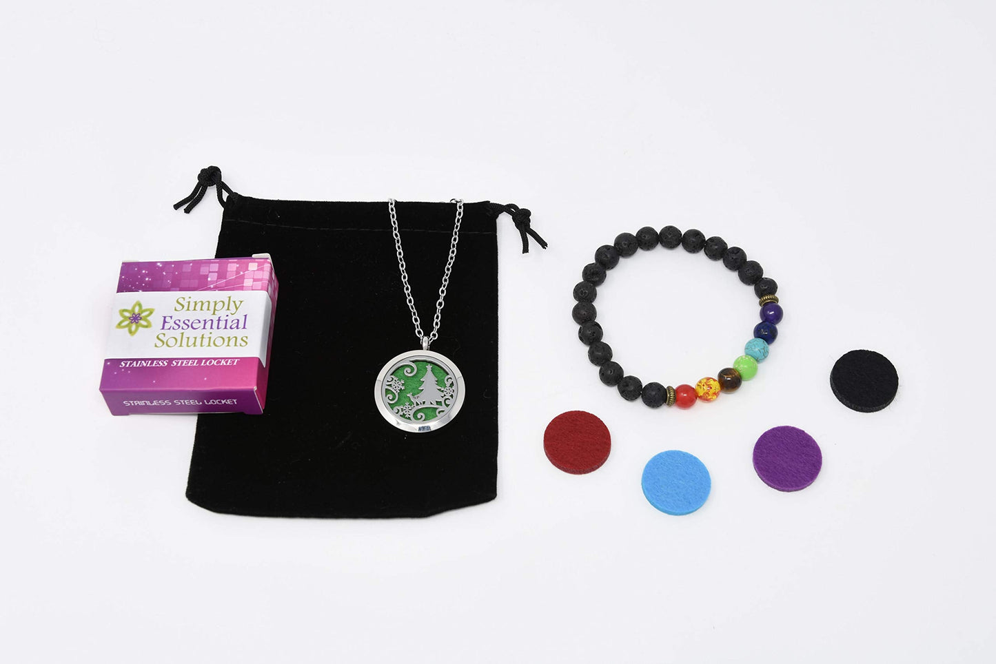 Aromatherapy Essential Oil Diffuser Stainless Steel 30 MM Silver Magnetic Locket Pendant 2 Sizes Chain Necklace, Refill Pads & Diffuser Bracelet in a Velvet Bag (Christmas Tree Deer)