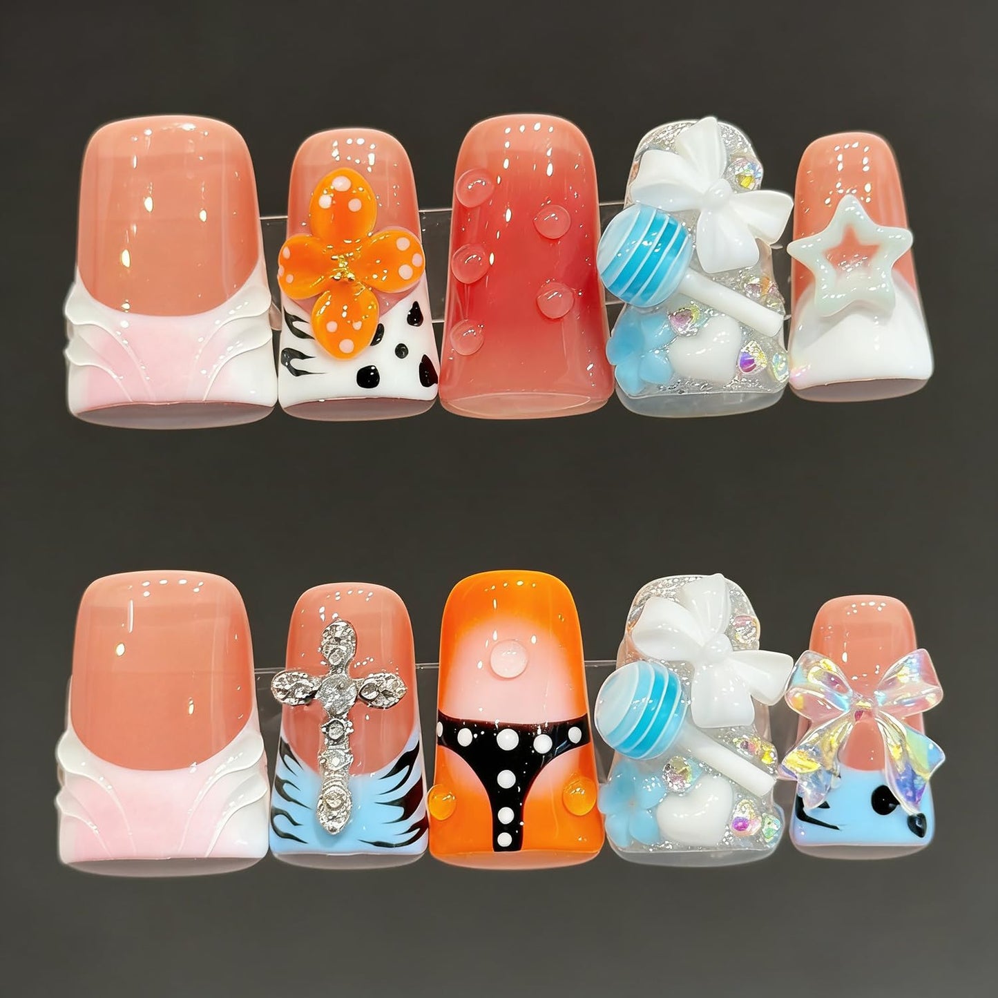 Press On Nails Handmade Short Duckbill Nails, 3D Lollipop Glossy Art Designs Reusable Acrylic Artificial Stick On Nails,False Nails Set (10 Pcs Size S)