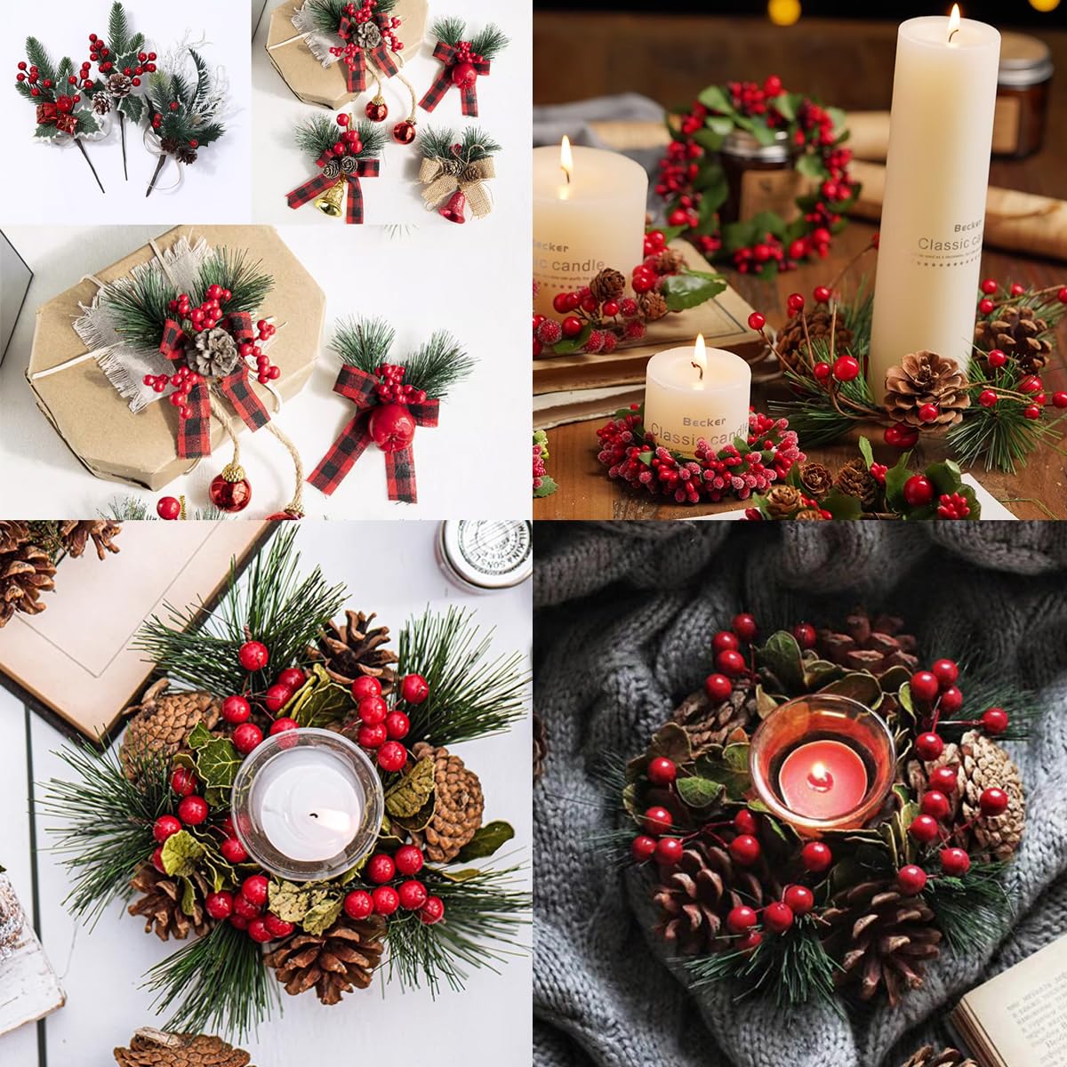 TIHOOD 25PCS Artificial Pine Picks, Pine Needles Branches with Red Berry Stems, Small Fake Berries Pinecones Branches for Crafts Christmas Tree DIY Garland Holiday Wreath