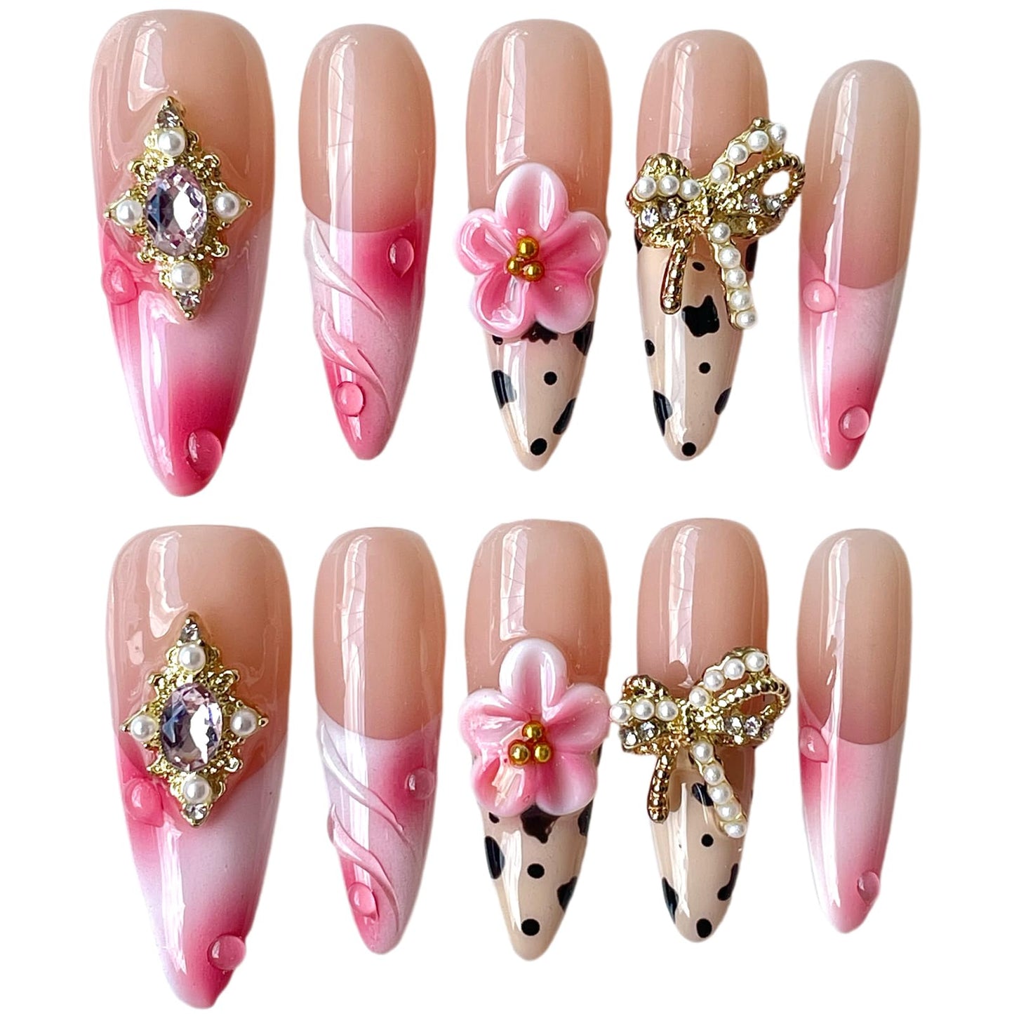 Handmade Press on Nails, Long Stiletto Acrylic False Nails with Pearl Bow, Pink Floral 3D Design, Vintage Rhinestone Embellished, Luxury Glamorous Set (Ribbon Elegance, L)