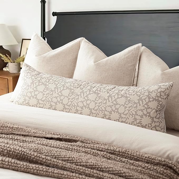 Foindtower Set of 2 Decorative Long Body Lumbar Throw Pillow Covers Accent Farmhouse Cushion Covers Boho Floral Pillowcase for Couch Sofa Bedroom Living Room Home Decor,14×36 Inch,Ivory Beige