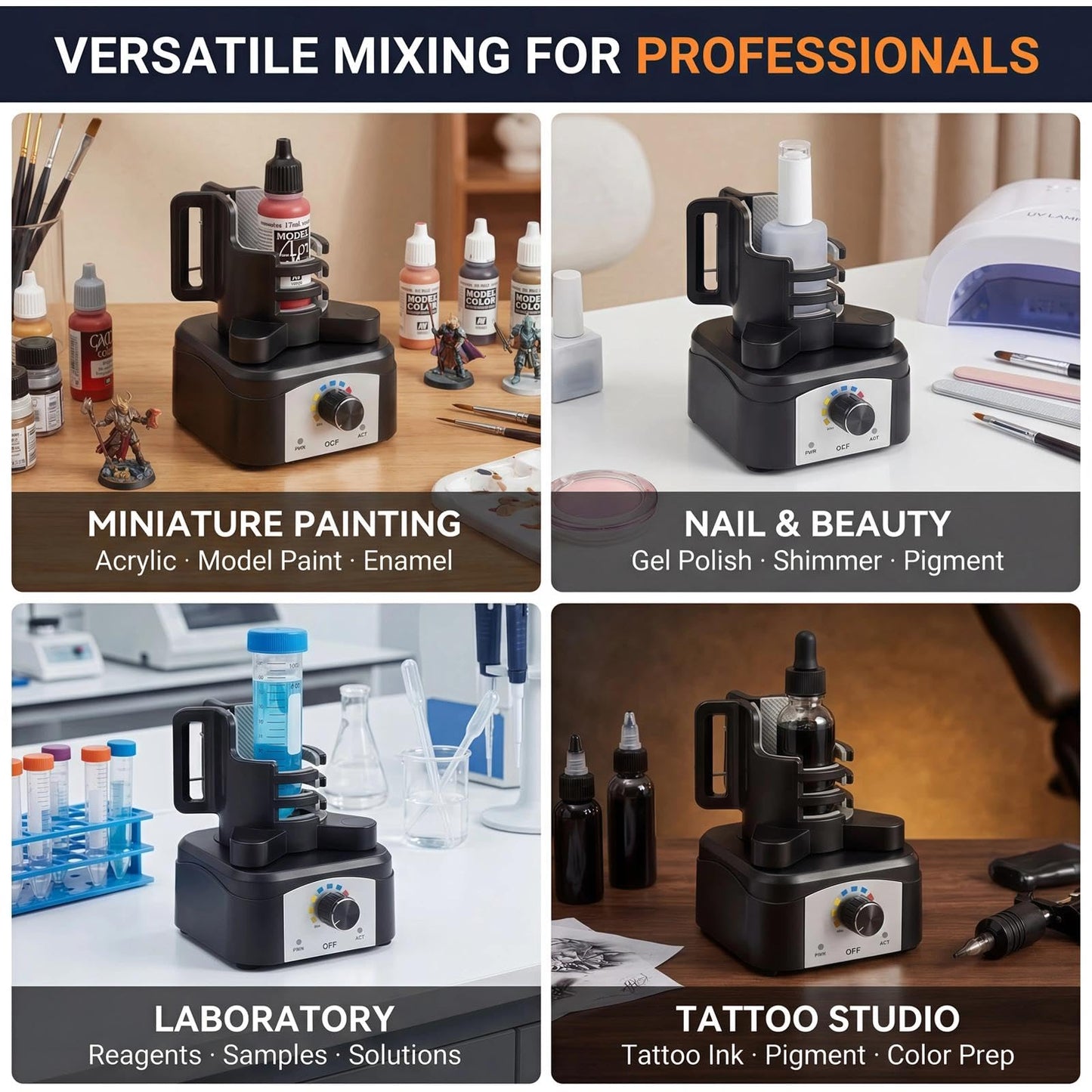Vortex Mixer Shaker, 500-3200 RPM Adjustable Speed - Hands-Free Electric Paint Mixer for Hobby Model Paints, Tattoo Ink, Nail Polish & Lab Test Tubes - Includes Stable Holder