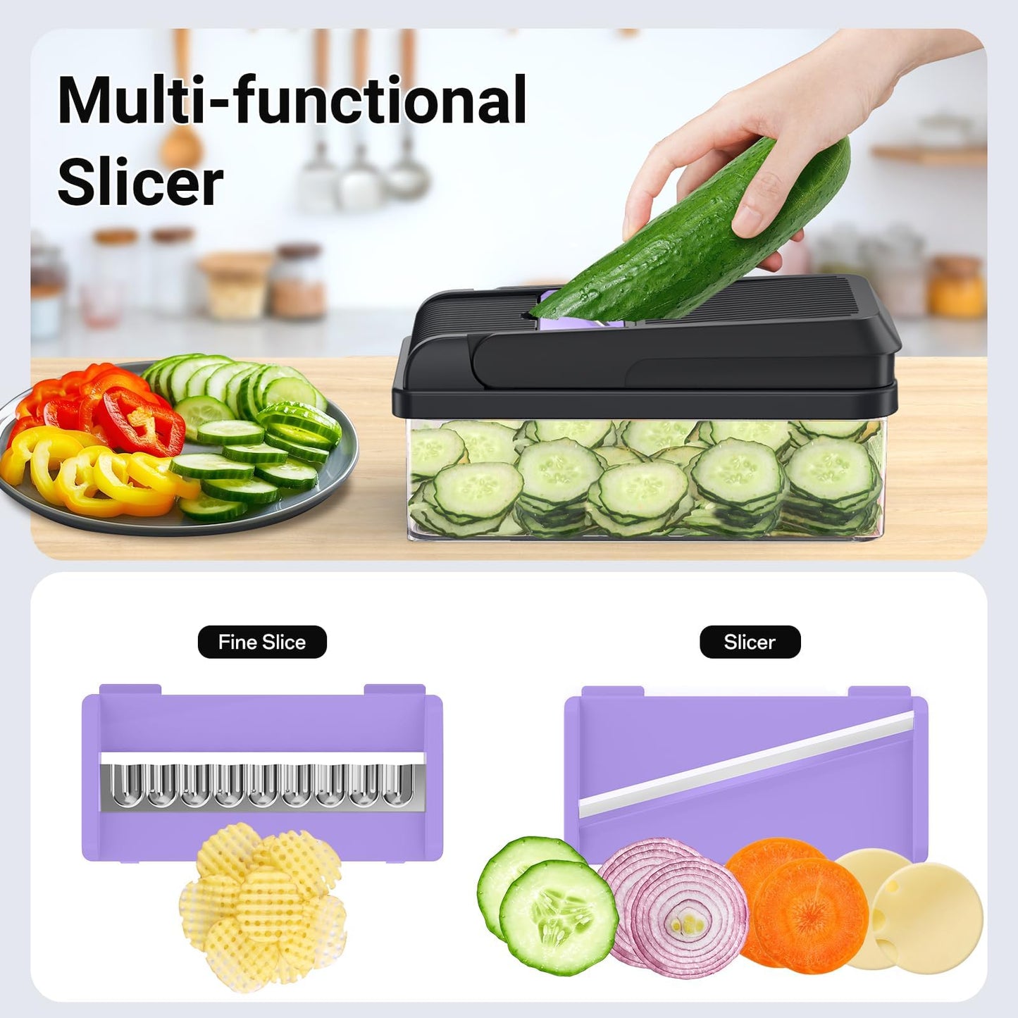 SpaceHacks 12-in-1 Vegetable Chopper, Kitchen Gadgets with 7 Blades, Veggie, Food, Onion Chopper, Cucumber Slicer, Versatile Mandoline, Includes Egg Separator & Finger Guard, Purple