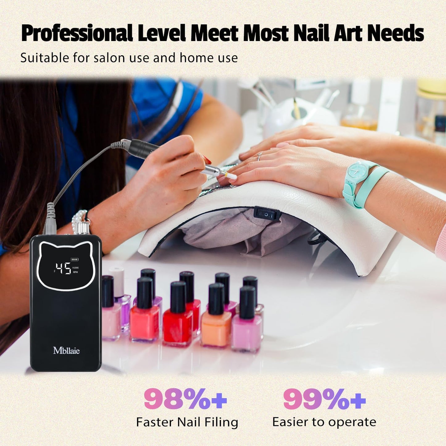 Professional Nail Drill File 45000RPM Electric Portable Nails Drills Kit with Rechargeable 7 uñas Bits Cordless Efile for Poly Gel Acrylic Nails Remover Home Salon Pedicure Manicure Tool (Black)