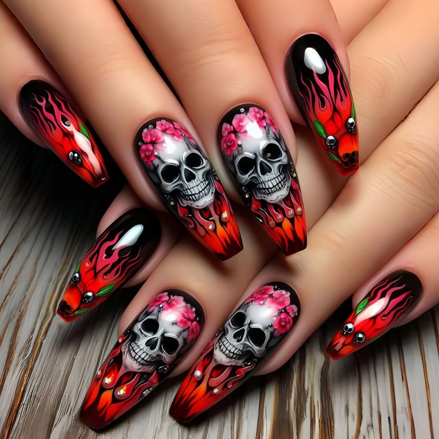 24Pcs Halloween Press on Nails Long Ballet Shaped Horror Skull False Nails Full Cover Artificial Acrylic Fingernails Flame Flower Design Halloween Nail Festival Glue on Nails for Women Supplies