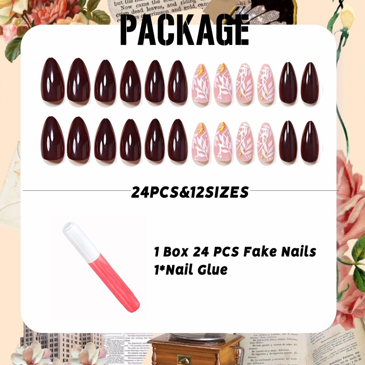 IMSOHOT Fall Press on Nails Medium Almond Fake Nails Fall Brown White Maple Leaf False Nails Glossy Full Cover Glue on Nails for Women 24Pcs