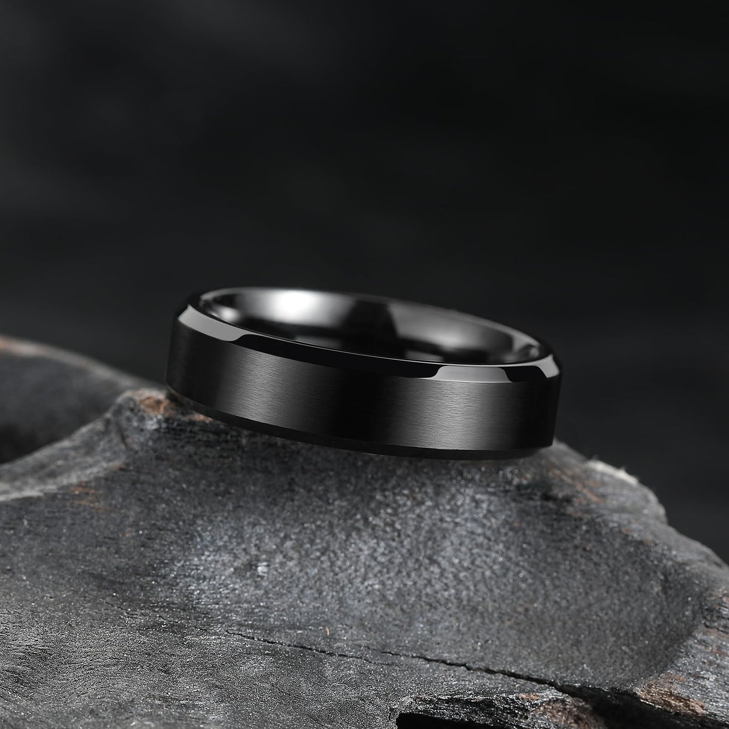 King Will 6mm Tungsten Rings For Men Basic Black Wedding Band Beveled Edge Polished Brushed Matte Daily Wear, Size 9