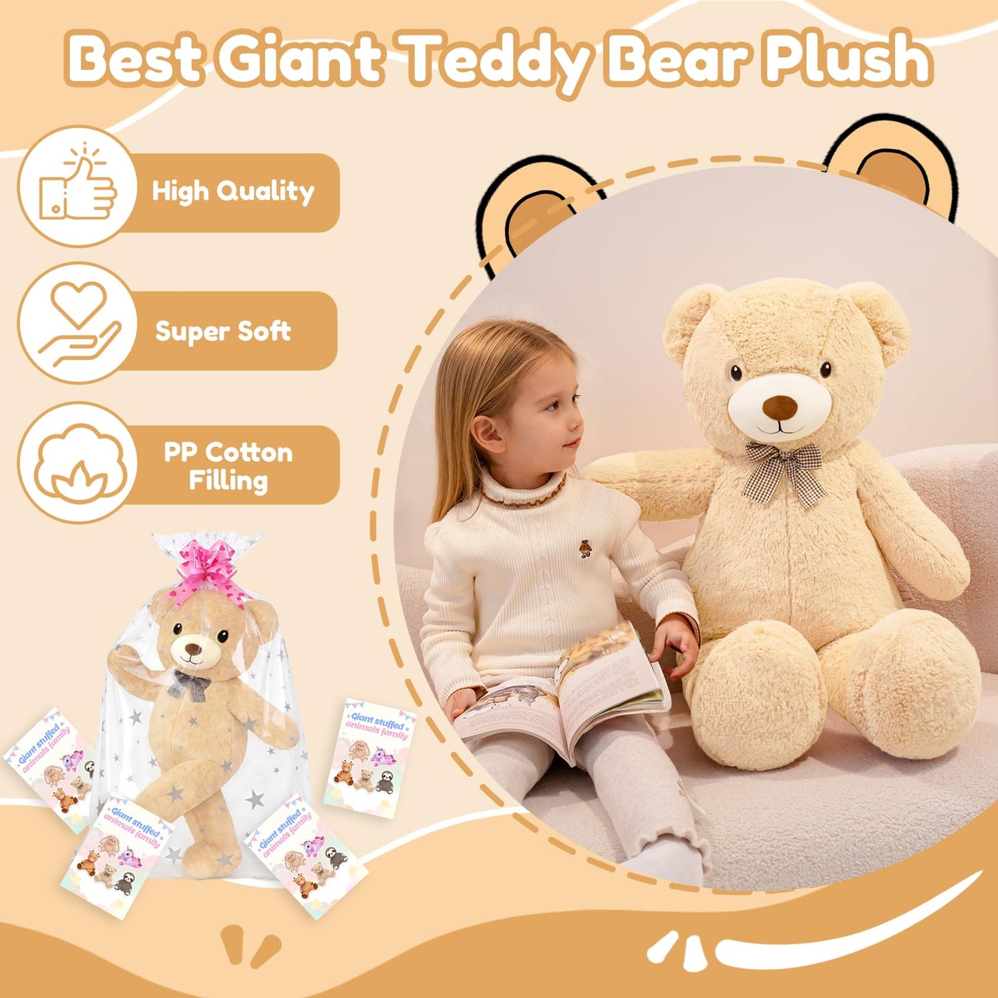 SQEQE Giant Teddy Bear Stuffed Animals 39 in, Large Teddy Bear Plush for Kids Adults, Cute Huge Plushies for Birthday Valentine's Gift