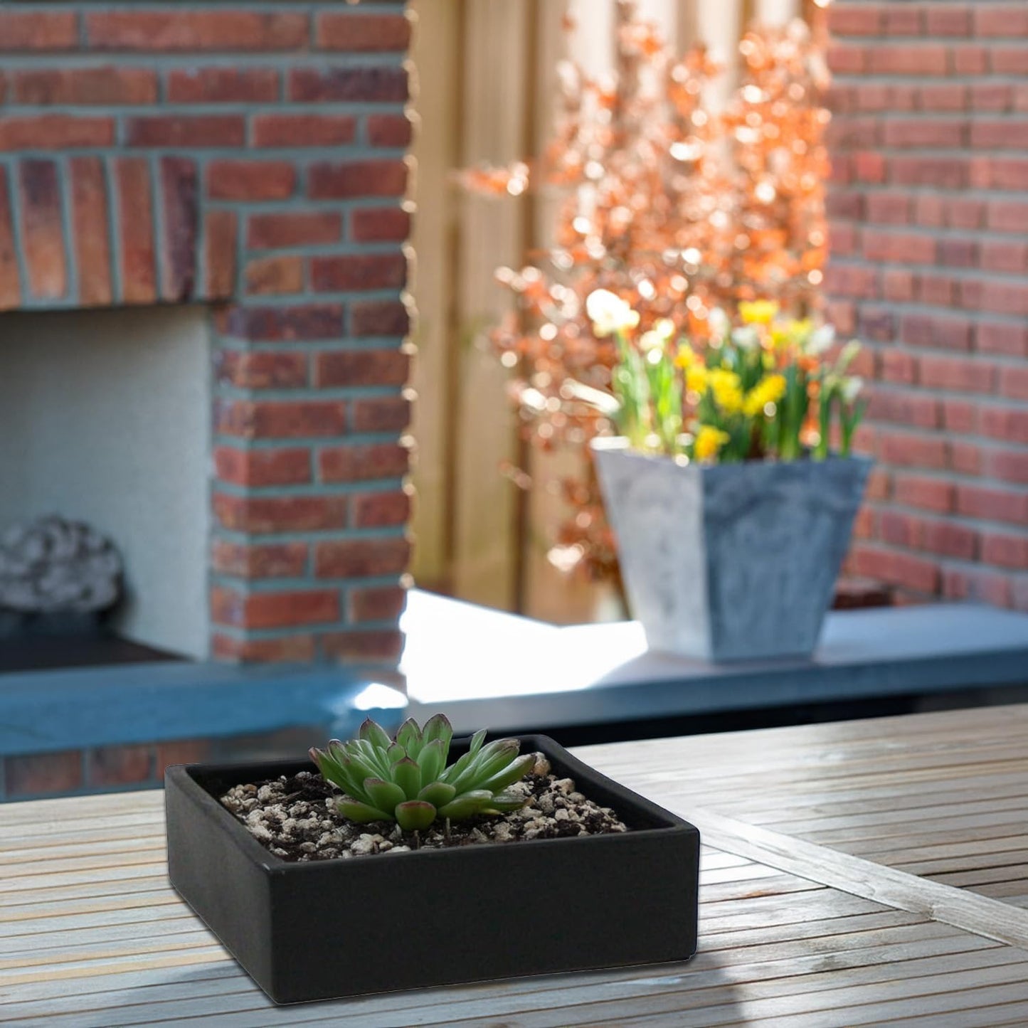 WGVI Black Square Ceramic Vase, Width 10", Height 4", Elegant Morden Short Square Pan Floral Succulent Planter Terrarium Pot Container Tabletop for Accent Home Decor 1 Piece