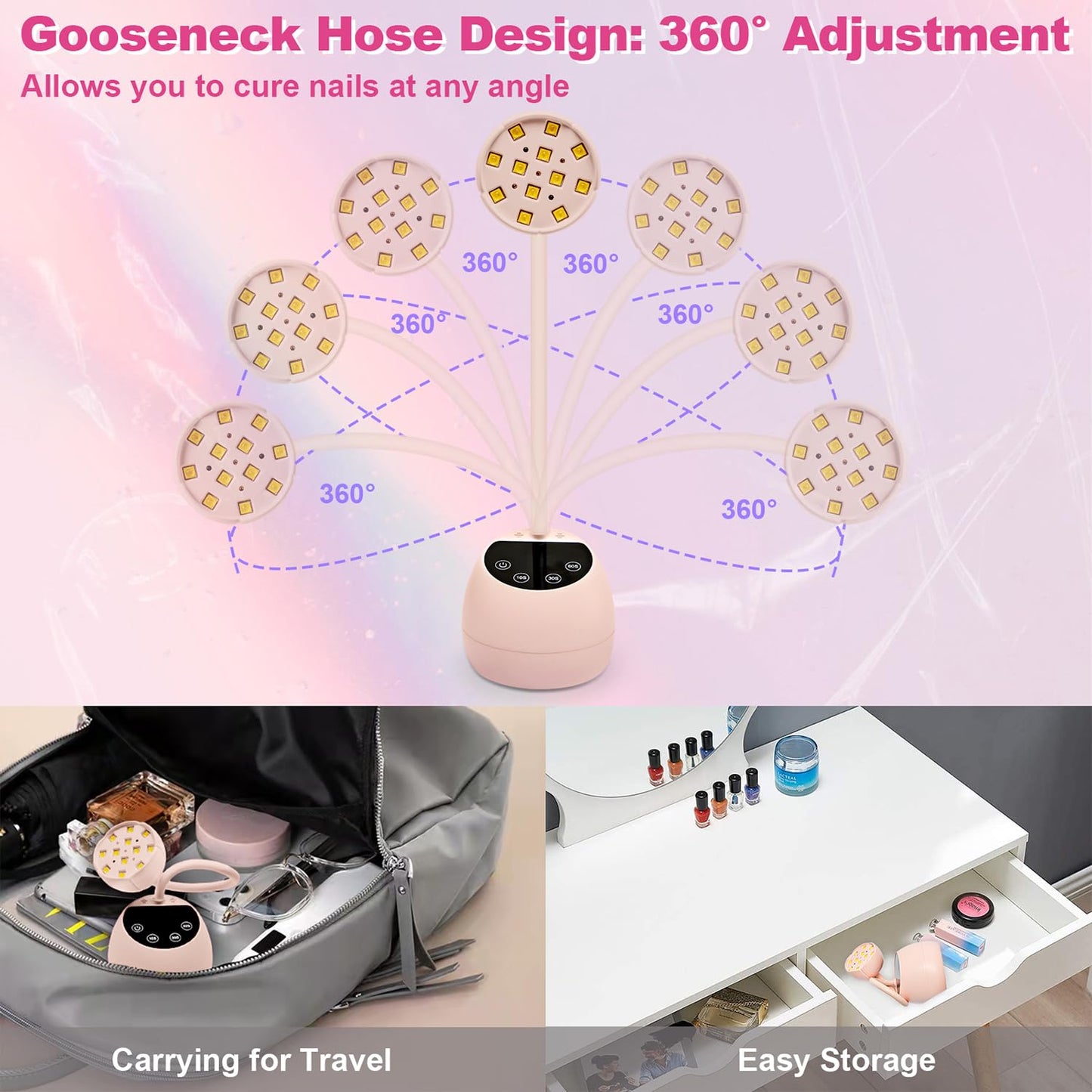 CGBE UV LED Nail Lamp, 36W Mini Cordless Flash Cure Lamp, USB Rechargeable Goosenecks LED Nail Light for Gel Nails with 4 Timers & Auto Sensor for Salon Home DIY Use, Pink