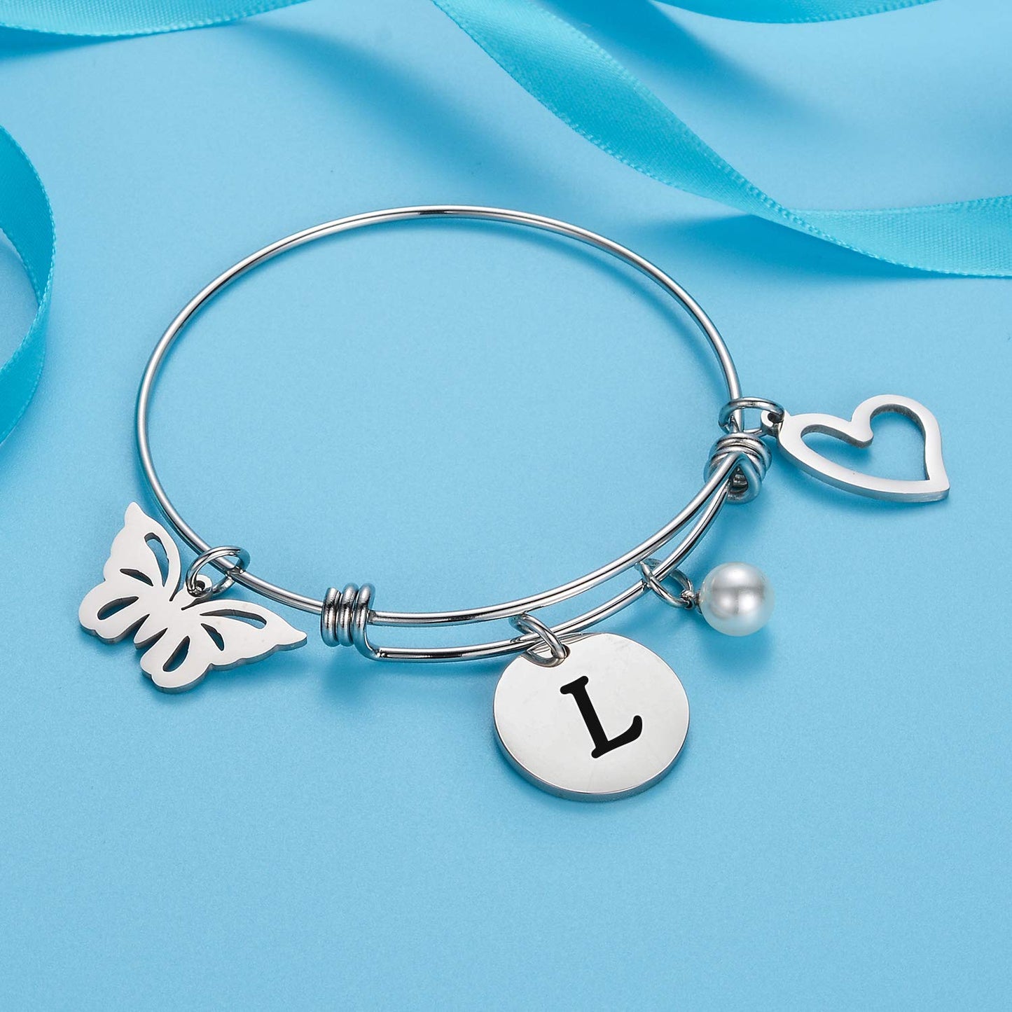 malyunin Initial Bracelet Charm Bracelets Heart Butterfly 26 Letters Alphabet Bracelet for Women Letter Bracelet Personalized Jewelry (L)