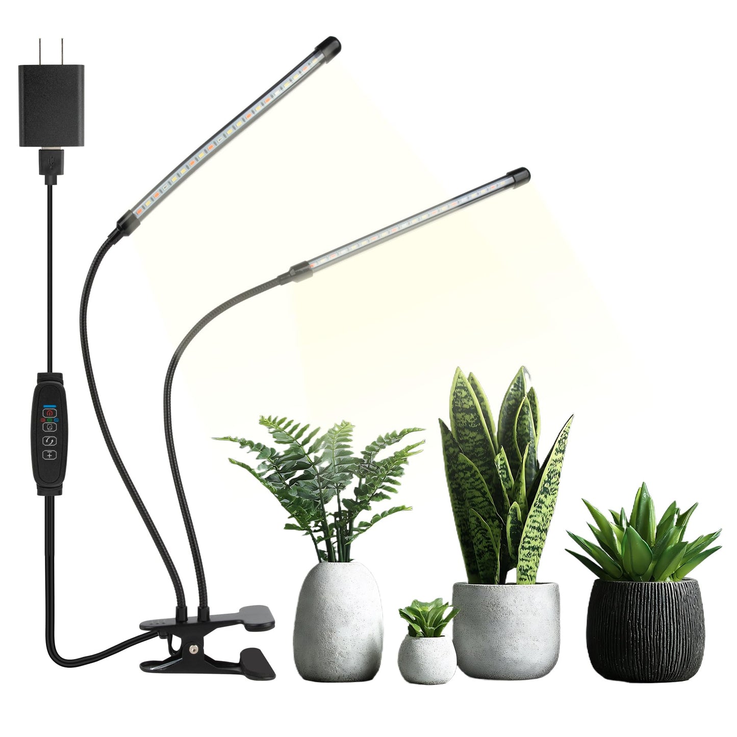 Dual Head Grow Lights for Indoor Plants, 40 LED Full Spectrum Plant Light with Clip & UL-Certified Adapter, 3 Light Modes & 5-Level Dimmable, 4/8/12H Auto Timer for Seedling, Succulents