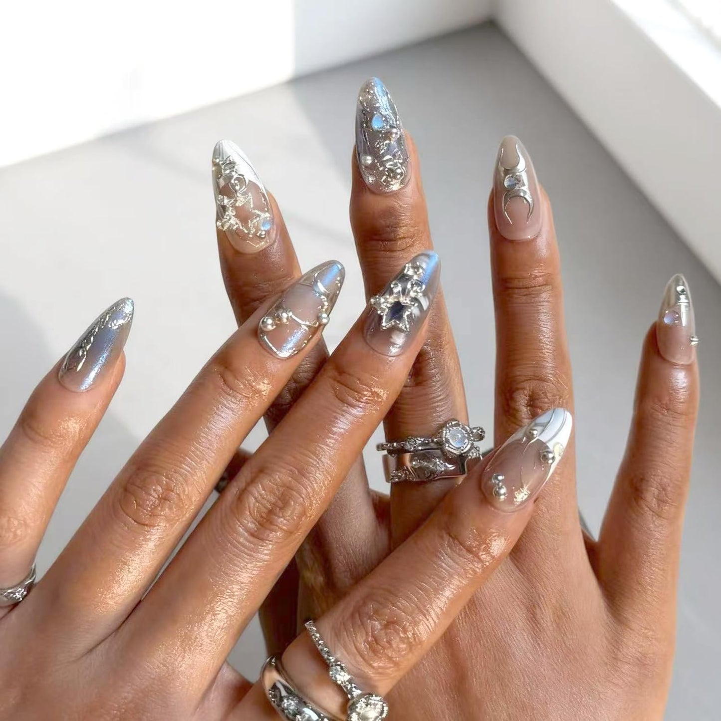 Gothic Chrome Press On Nails with Charms Medium Almond Fake Nails with French Silver 3D Star Art Tip lrregular Designs Handmade Goth Y2K False Nail Stick On Nails for Women 24Pcs