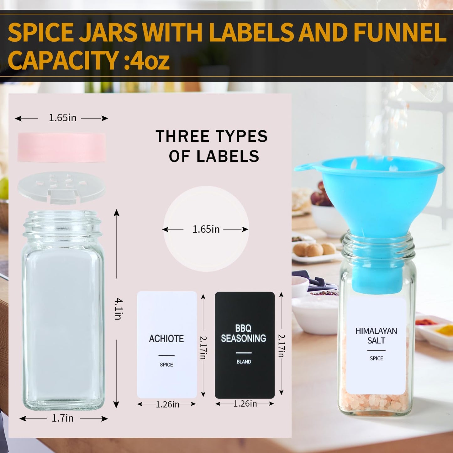 GMAMXD 24 Glass Spice Jars with Labels, Spice Jar Set, 4oz Seasoning Containers, Spice Containers with Pink Airtight Lids and Shaker Lids, Square Empty Spice Bottles, 492 Labels, 1 Funnel