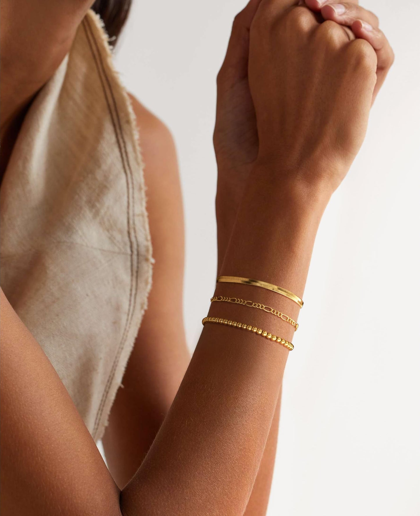 DEARMAY Dainty 14K Gold Plated Chain Bracelets for Womens Trendy Waterproof Gold Jewelry Set Fashion Stackable Beaded Figaro Herringbone Link Bracelet Pack Stack Gifts