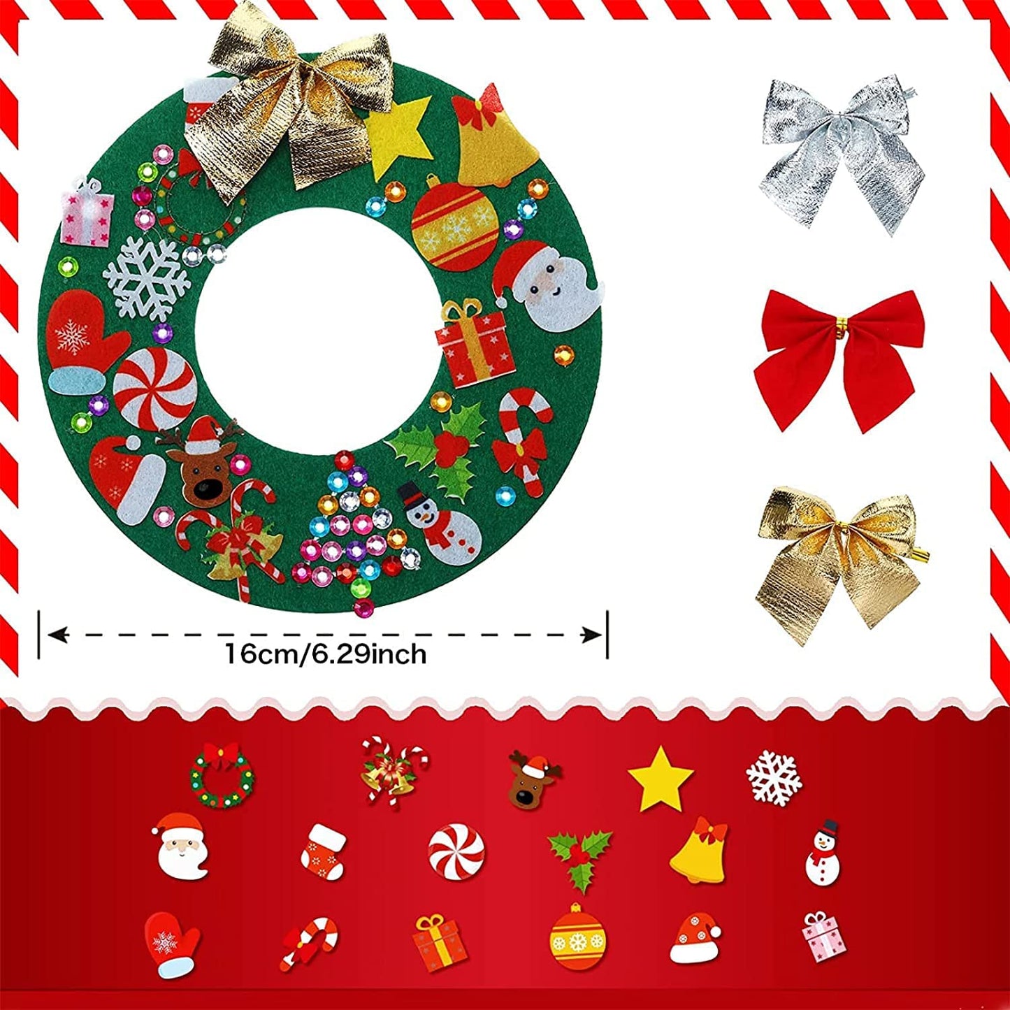 Tatuo 24 Pcs Felt Christmas Tree Wreath Decorating Craft Christmas DIY Ornaments Making Kit with 221 Self Adhesive Felt Stickers 12 Bows and 5 Gem Stickers (Donut Style)