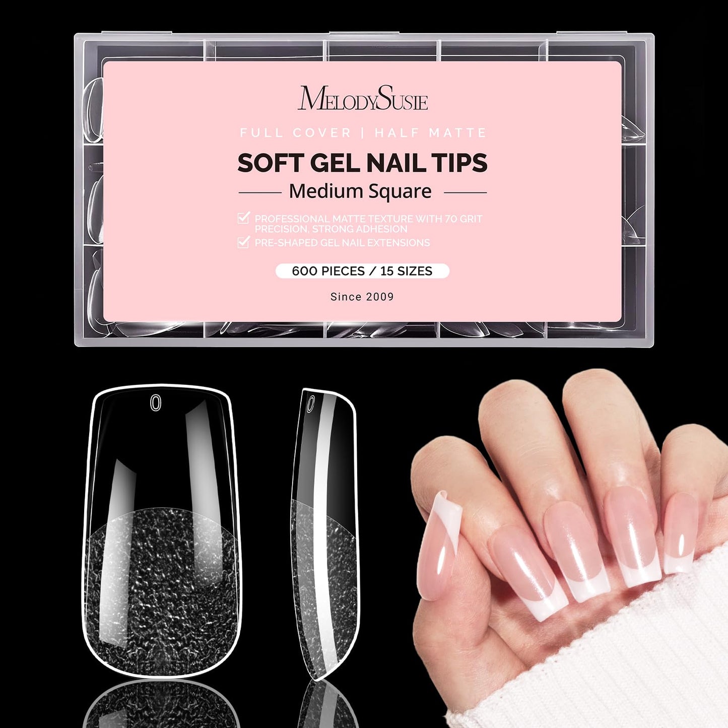 MelodySusie Medium Square X Nail Tips- 600Pcs 15 Sizes Clear Acrylic, Half Matte Full Cover Press on Nails for DIY Extension & Salon Use, Pre-Shaped for Long-Lasting Manicure