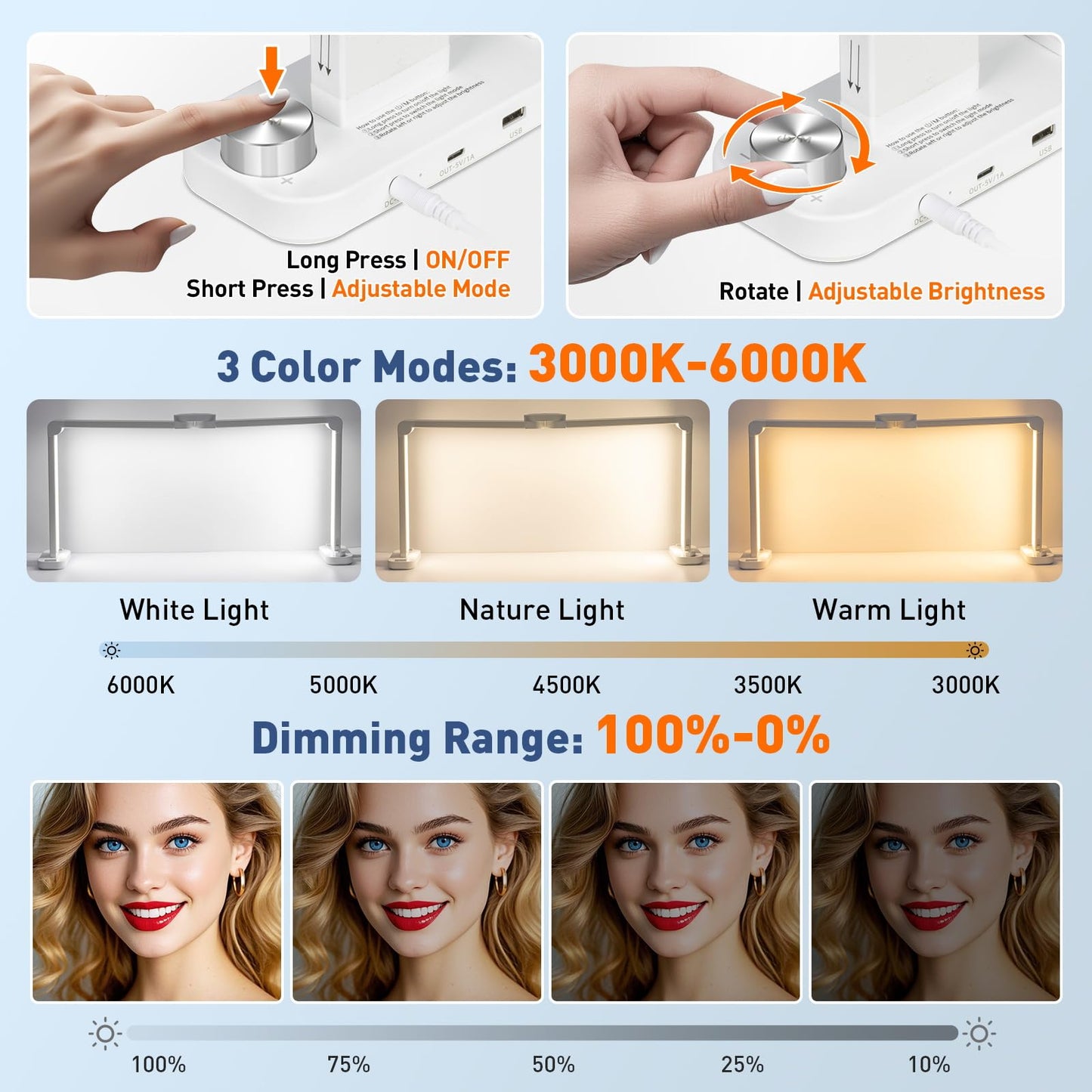 KIRKAS 34inch Large Half Moon Light for Nail Tech, 456 LEDs 3 Color Modes Infinitely Knob with Phone Holder Charging Function, Foldable Nail Desk Lamp for Eyelash Extension, Tattoo-White(34inch Large)