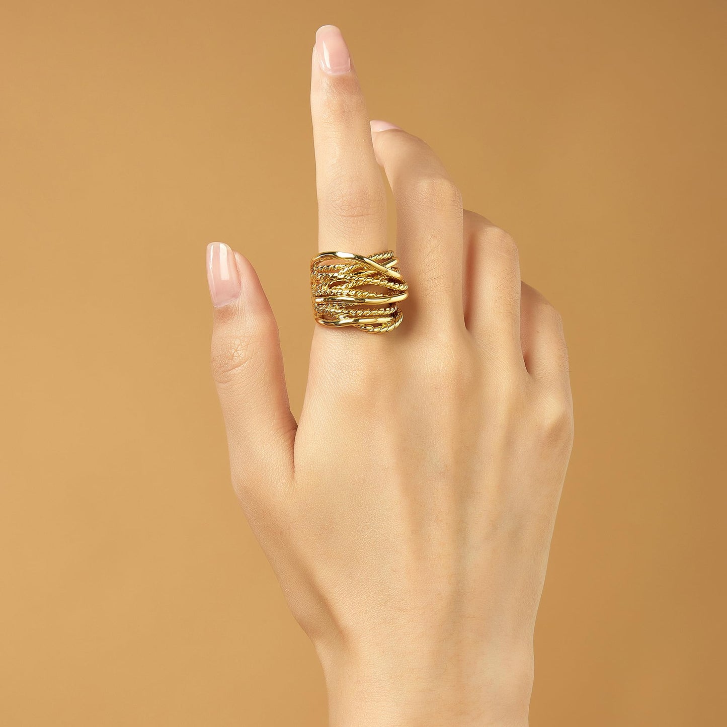 Mytys Gold and Silver Statement Rings for Women Wire Intertwined Design 14K Gold Plated Silver Band Ring Wide Index Finger Rings Costume Jewelry (Gold, 8)
