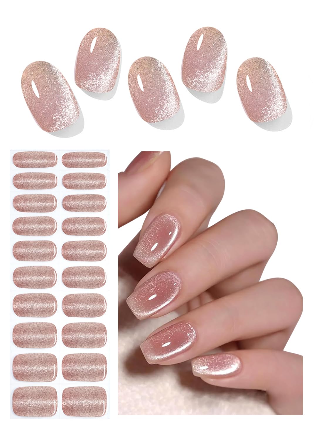 Wahrshei Semi Cured Gel Nail Strips, Nude Cat Eye 20pcs Stickers Work with UV, Wraps for Home Nail Art DIY, Easy to Use and Remove