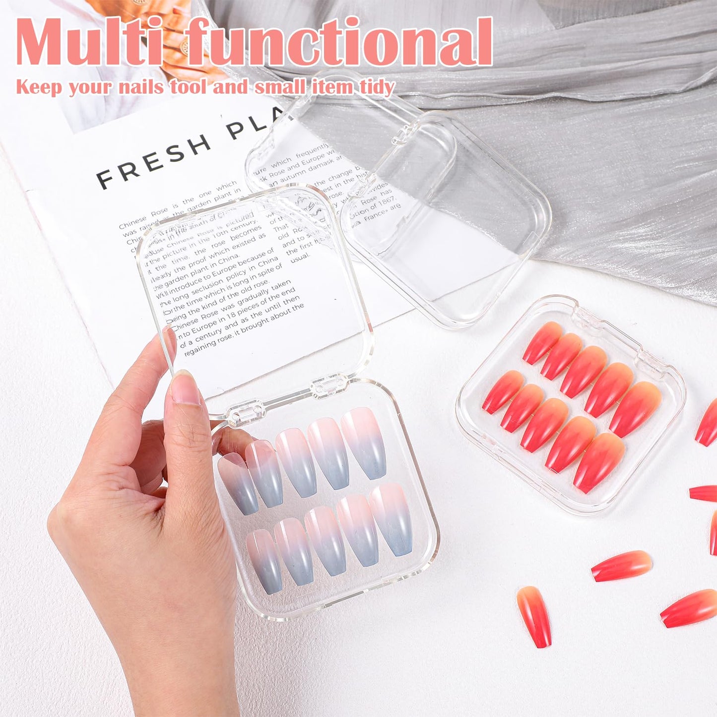 48 Pack Press On Nail Storage Box Clear Acrylic Nail Organizer Display Case with 180 Adhesive Double Sided Tape for Fake Nails, Nails Packaging Supplies