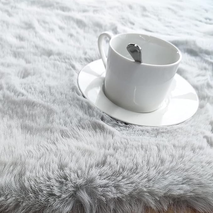 Ghouse Ultra Soft Faux Rabbit Fur Rug, Machine Washable Area Rugs for Bedroom Fluffy Rugs for Living Room, No-Shedding Carpet Sheepskin Runner Rugs Grey 2 x 8 Feet