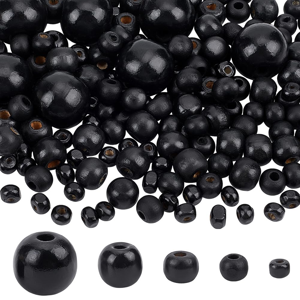 PH Pandahall 1005Pcs 5 Sizes Black Wooden Beads Tiny Painted Wood Beads 6/8/10/14/20mm Macrame Bead Round Spacer Bead for Bracelets Crafts Macrame Christmas Tree Party Decor