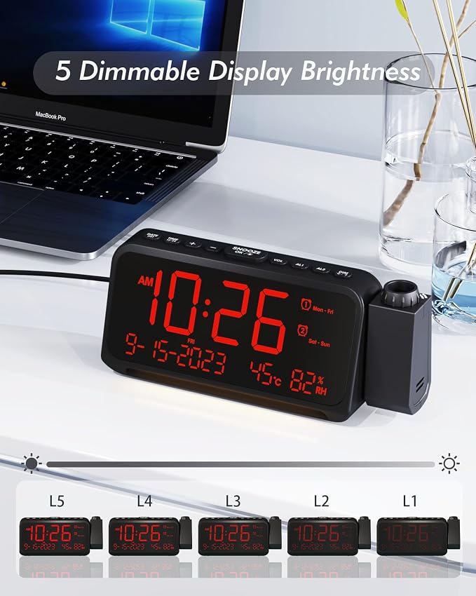 Roxicosly Projection Alarm Clock for Bedroom Ceiling, 118 dB Super Loud for Heavy Sleepers, Plug in Dual Alarm with Weekday/Weekend, 6.7" Large Dimmable Display with Day Date Indoor Temp Humidity