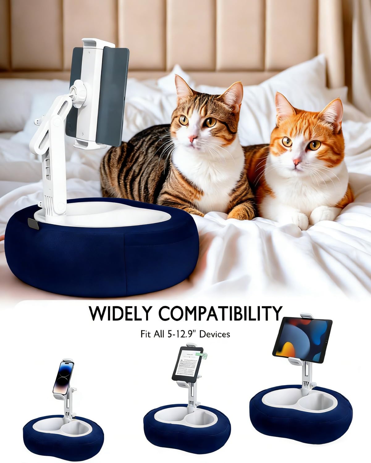 Miledi Tablet Pillow Stand, Compatible with 4.7"-12.9" Kindle, iPad, Phone/Tablet, 360° Rotating Phone Holder for Bed, Detachable Bowl, Reading and Relaxation on Bed (Blue)