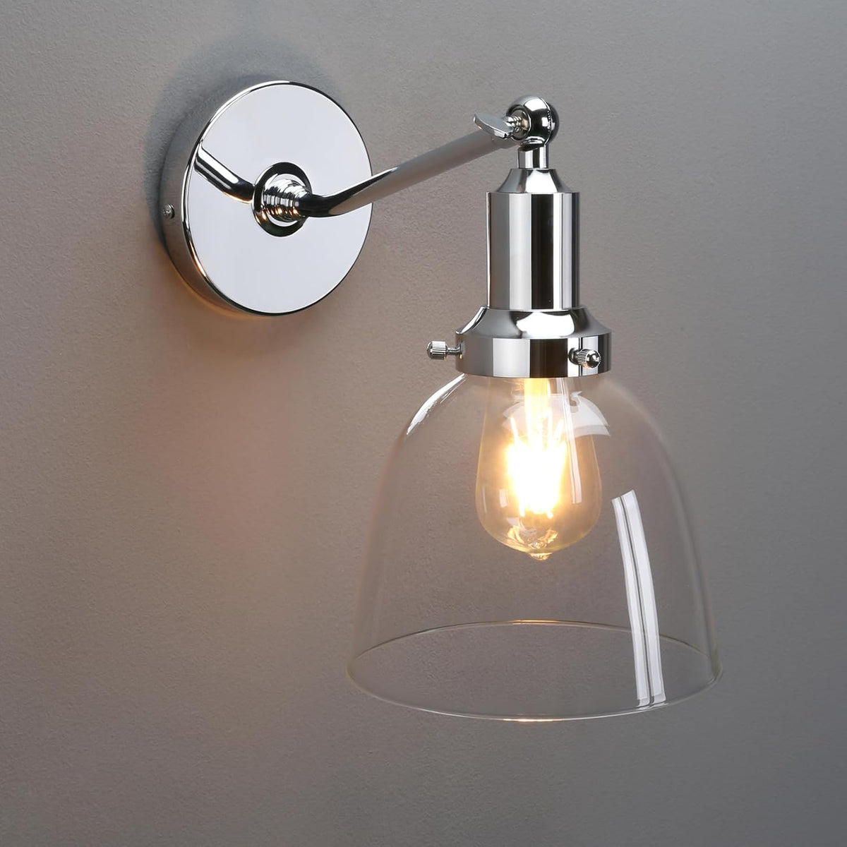 PERMO Industrial Vintage Wall Sconce Chrome Wall Sconce with 6.7" Oval Dome Clear Glass Shade Light Lamp Fixture