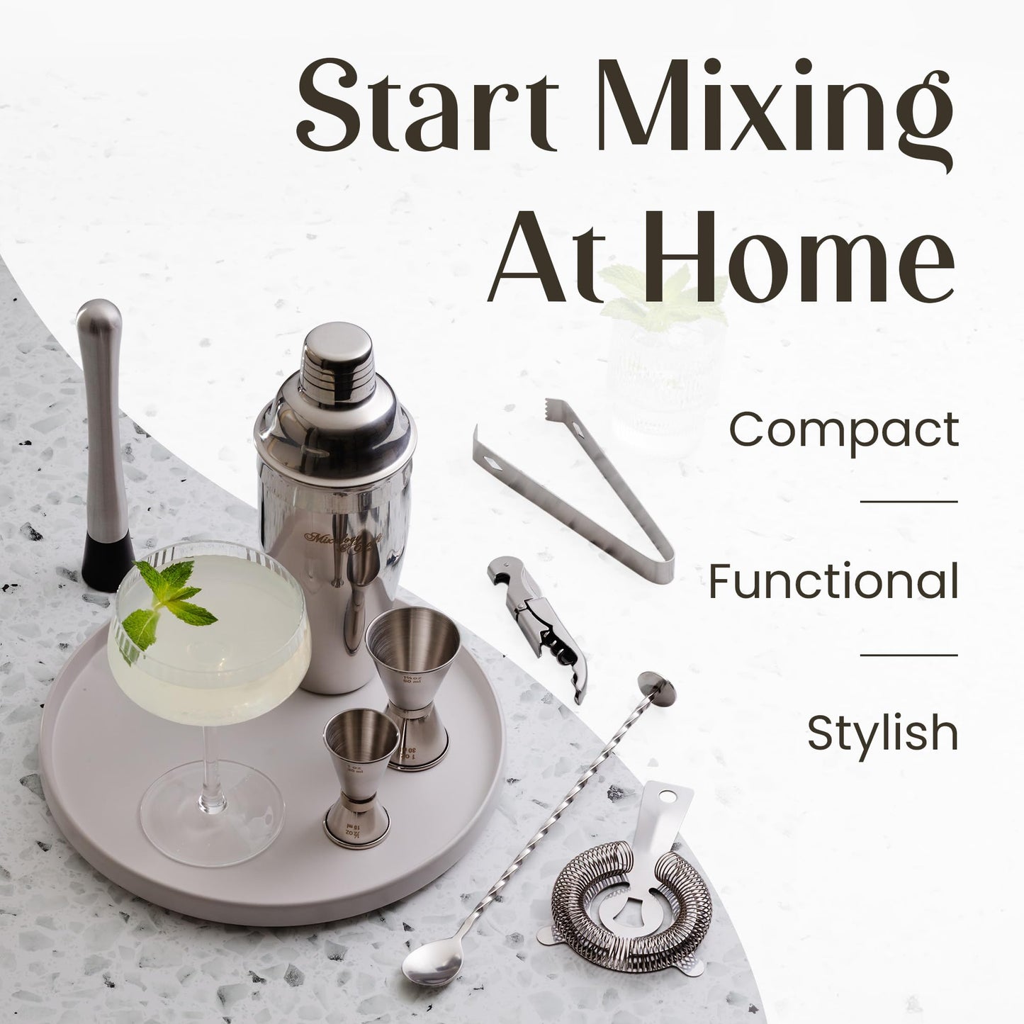 Mixology & Craft Rustic Cocktail Shaker Set – Includes Wood Stand, Complete Barware Kit with 24 Oz Shaker, Dual Jiggers, Pourers, Muddler, Strainer – Perfect for Home Bartenders (Silver)