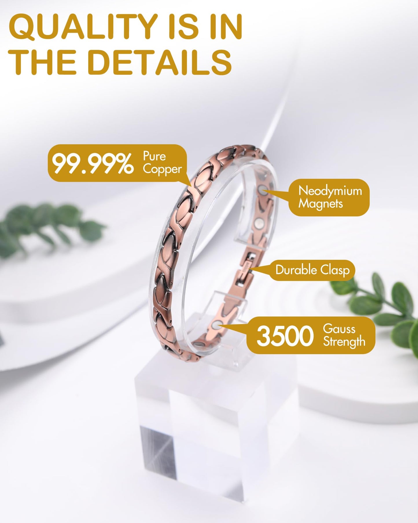 Feraco Copper Bracelet for Women Hand Forged 99.99% Solid Pure Copper Magnetic Wristband with Pro Neodymium Magnets (X Shape with Ring)