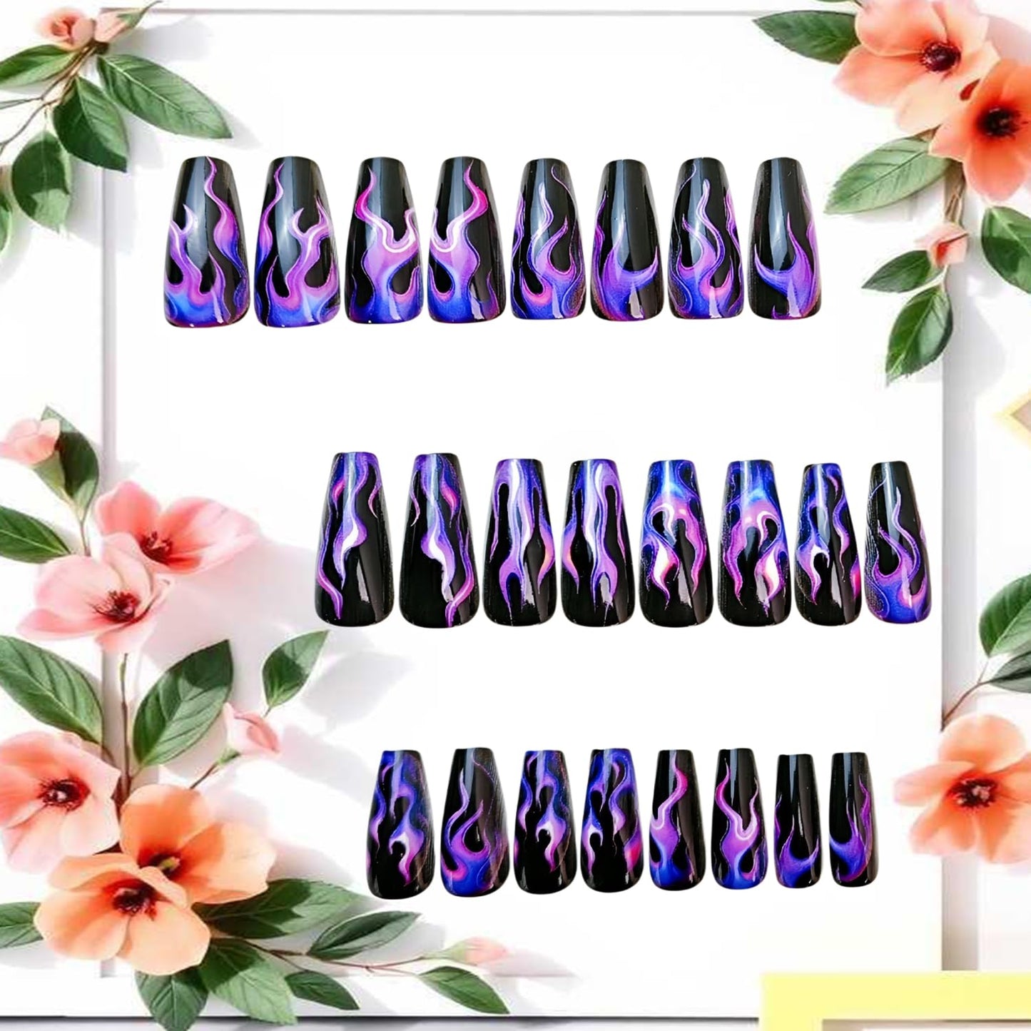 CJDLTS Purple Flame Press on Nails Medium Ballet Shaped Black Acrylic False Nail Full Cover Glossy Artificial Stick on Nail Ballet Press Ons Artificial Fingernails Reusable Glue on Nails for Women