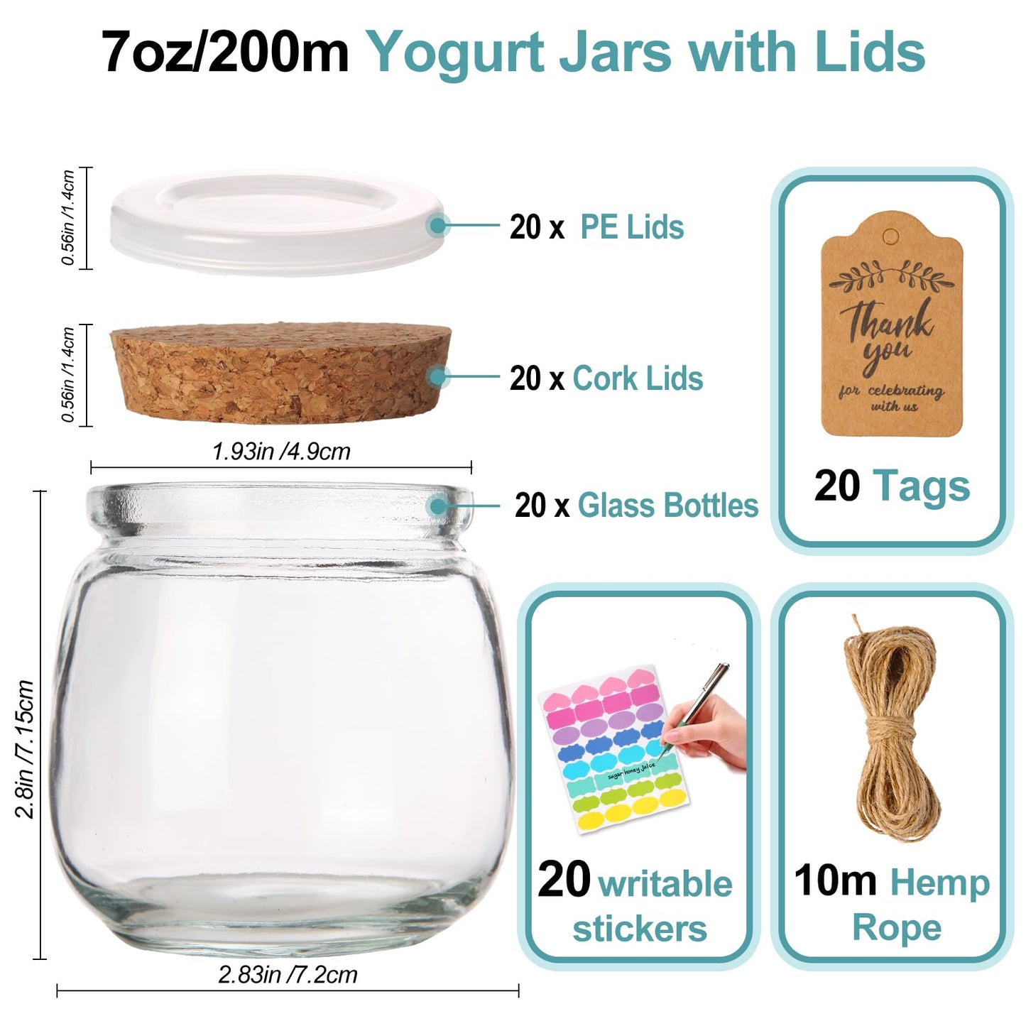 AIXIANG 20 Set 7oz Glass Jars with Cork Lid & Airtight Seal - Rustic Wedding Favors, Baby Shower Gifts, Candy & Spice Storage - Includes Twine, Labels (Multi-Purpose, Eco-Friendly)