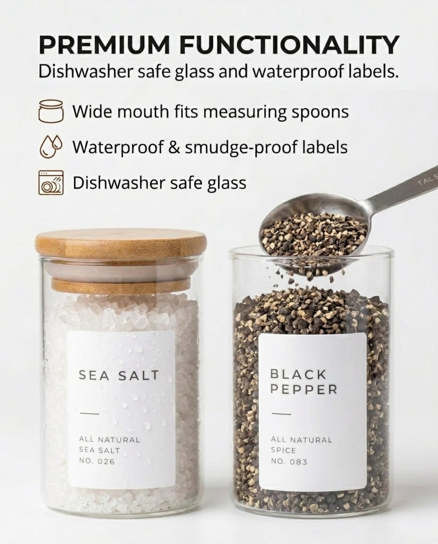Bloomondo Empty Spice Jars with Label Pack (12x Bamboo Lid Glass Jar). Small 6oz Spice Storage Bottles with 112 Printed Stickers and 48 Writable Pantry Labels for Seasoning Containers