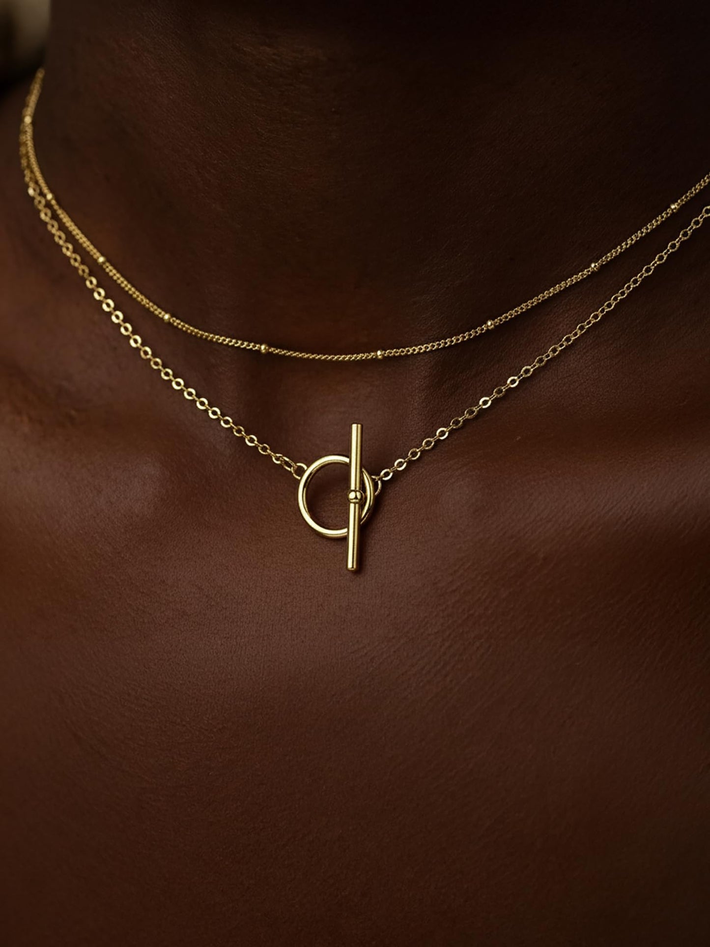 MSCHA HOME Gold Necklace for Women Stack Trendy Non Tarnish Satellite Bead Choker Chain Toggle Pendant 14K Gold Plated Simple Dainty Double Layered Jewelry Set Gift