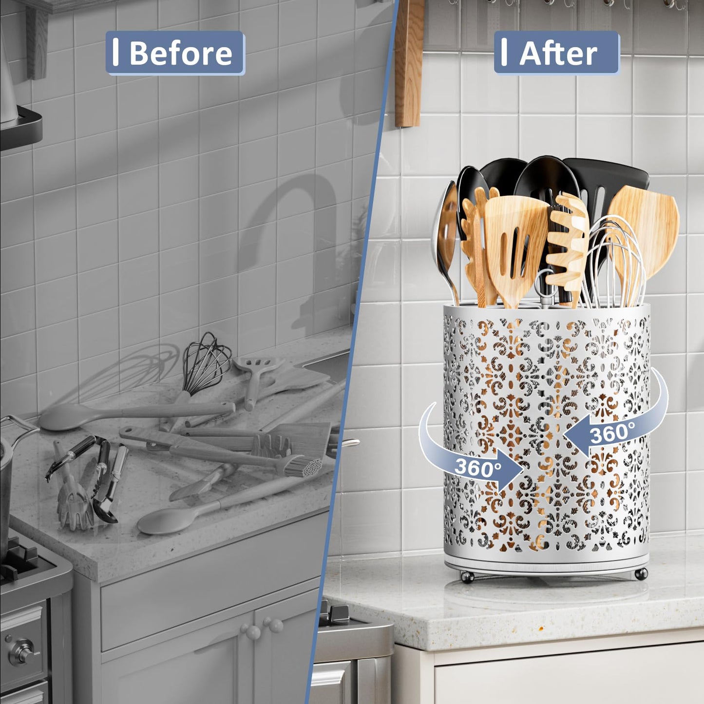 YIUKEA Extra Large Utensil Holder - 360° Rotating Cooking Utensils Caddy Countertop Organizer with Instant-Dry and Removable Base for Kitchen Tools