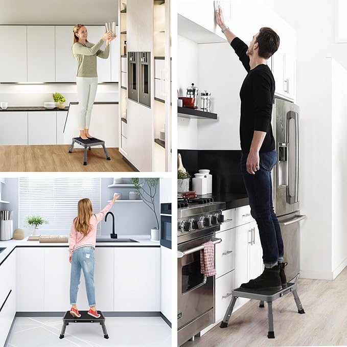 Valeo Folding Step Stool, Adjustable Step Stool with Non-Slip Platform, 500 Lbs Capacity, Step Ladder for Adults or Kids in Kitchen, Bathroom, RV, Camping, Office, Black