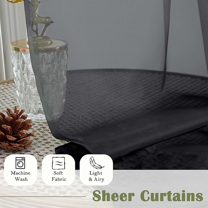 Lecloud Black Sheer Curtains 63 Inch Length 2 Panels, Voile Light Filtering Living Room Curtains for Bedroom, Rod Pockets Solid Soft Drapes for Bathroom Home Office, Each Panel 59" W x 63" L
