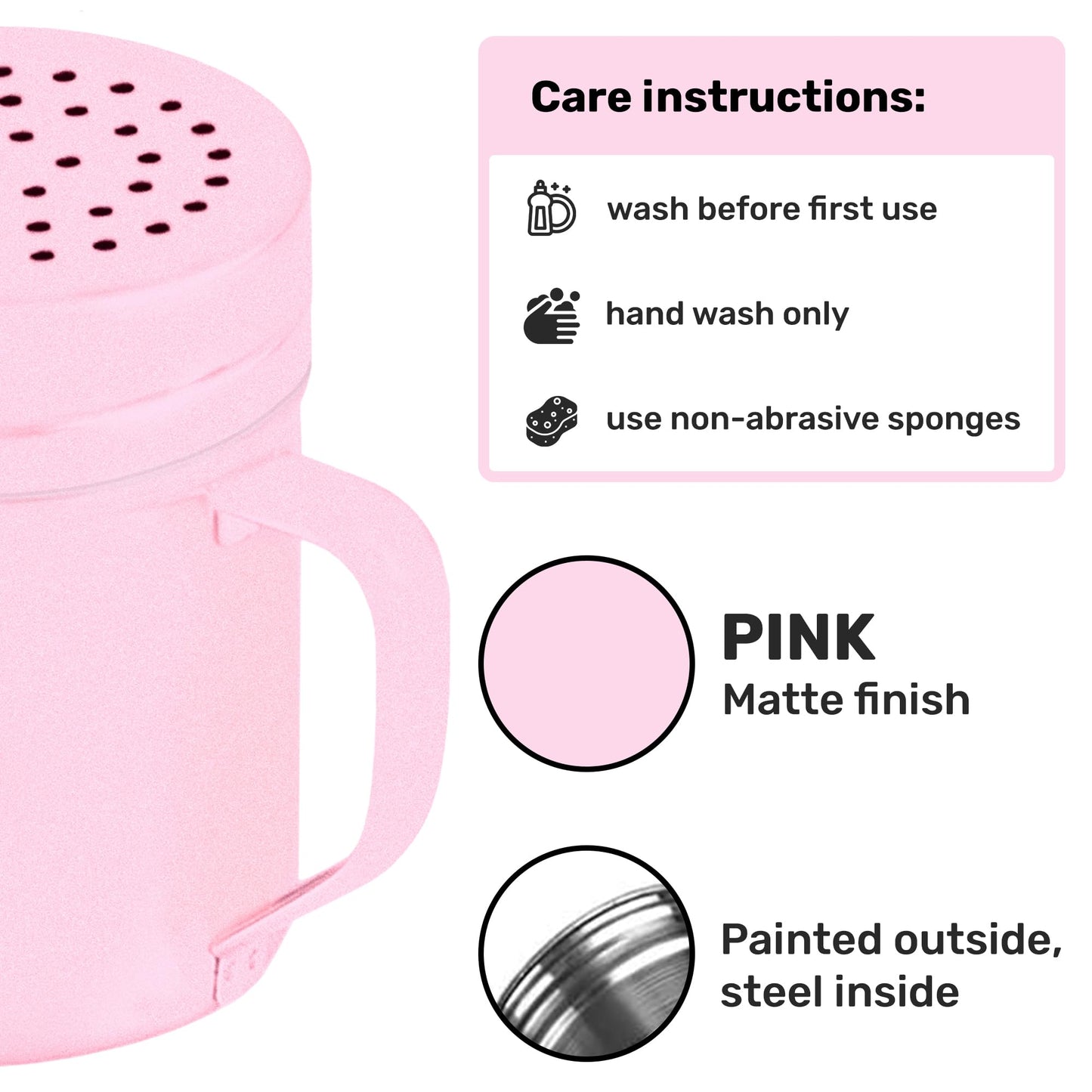 CUSINIUM 10oz Pink Stainless Steel Salt Pepper Dredge Shakers - With Plastic Cap - With Handle - Pack of 2
