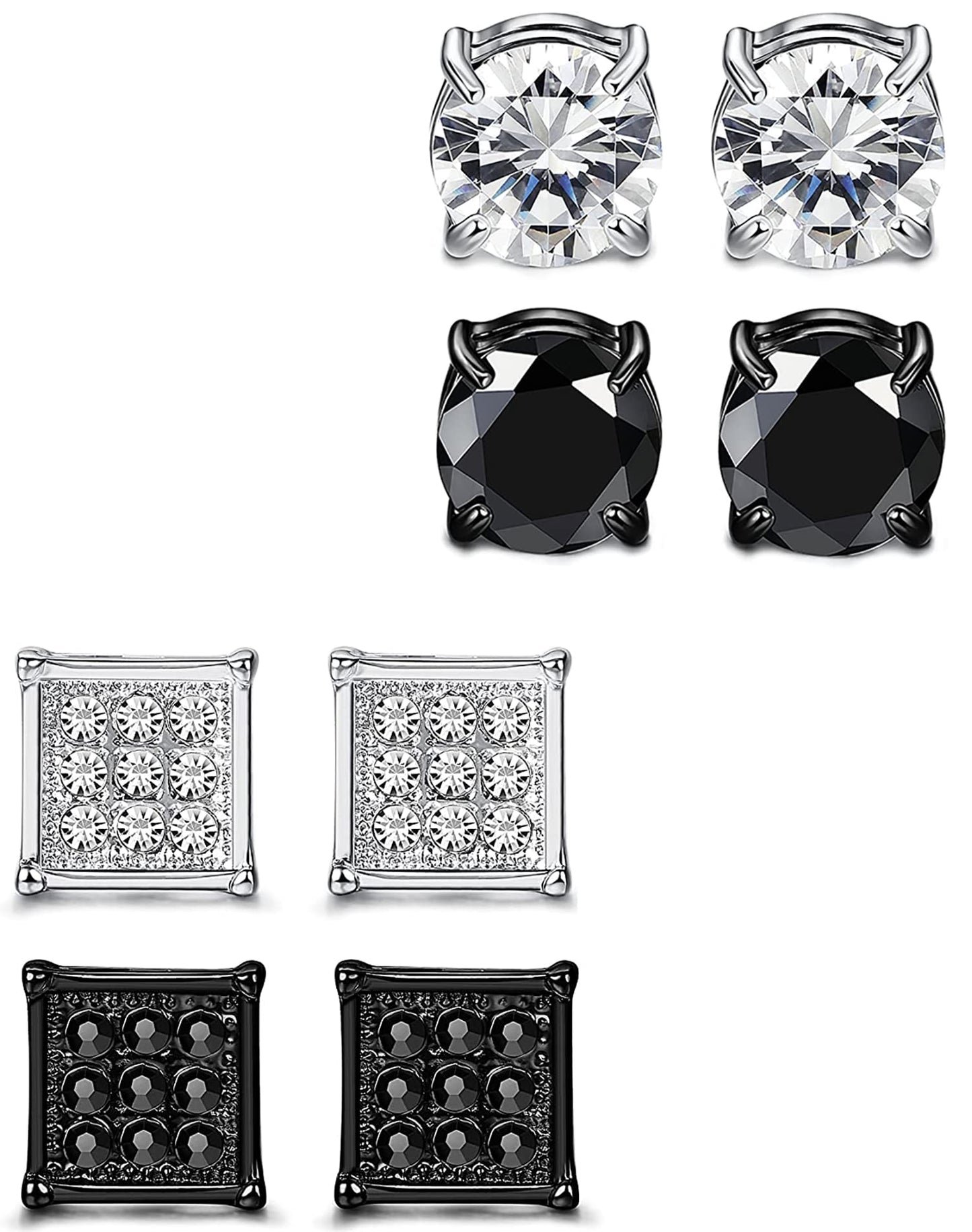 SIISPRI 4 Pairs Stainless Steel Magnetic Stud Earrings for Men Women Non Piercing Clip on CZ Earrings 6MM (4 Pairs a Set,6MMBlack + Silver) (black + silver)