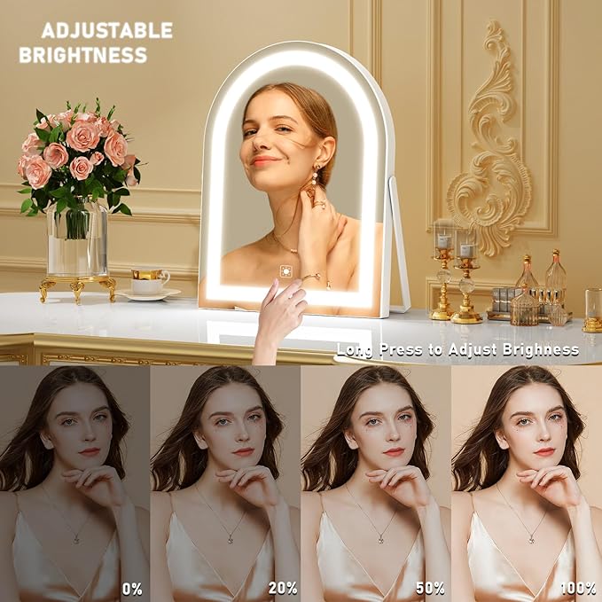 Vanity Mirror with Lights, 16" Light Up Makeup Mirror, LED Makeup Mirror with Lights for Bedroom Tabletop, Smart Touch Control 3 Colors Dimmable, 360° Rotation