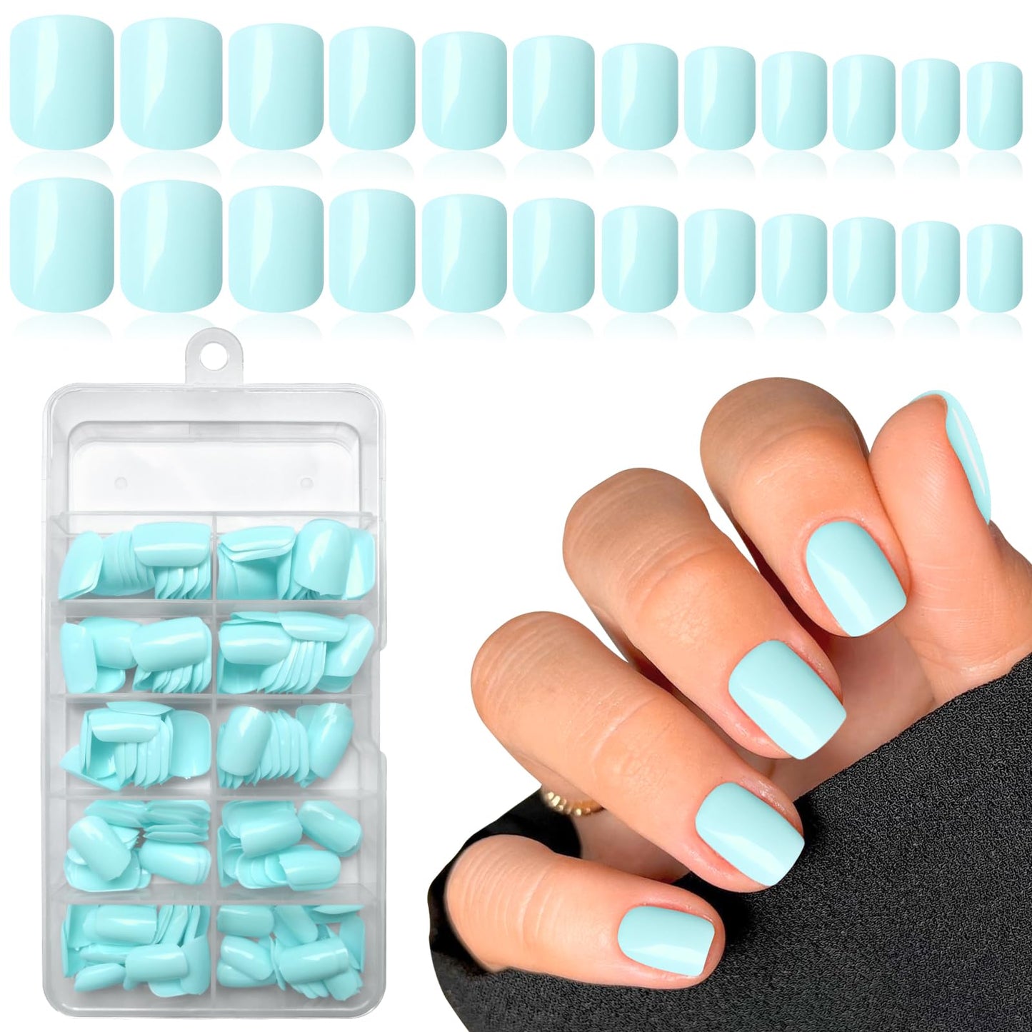 LuckForever Short Press on Nails 240pc Glossy Mint Blue Press on Nails Short Square Round Fake Nails Full Cover 10 Sheets Nail Adhesive Tabs,Small Wooden Sticks and Nail Files False Nails for Women