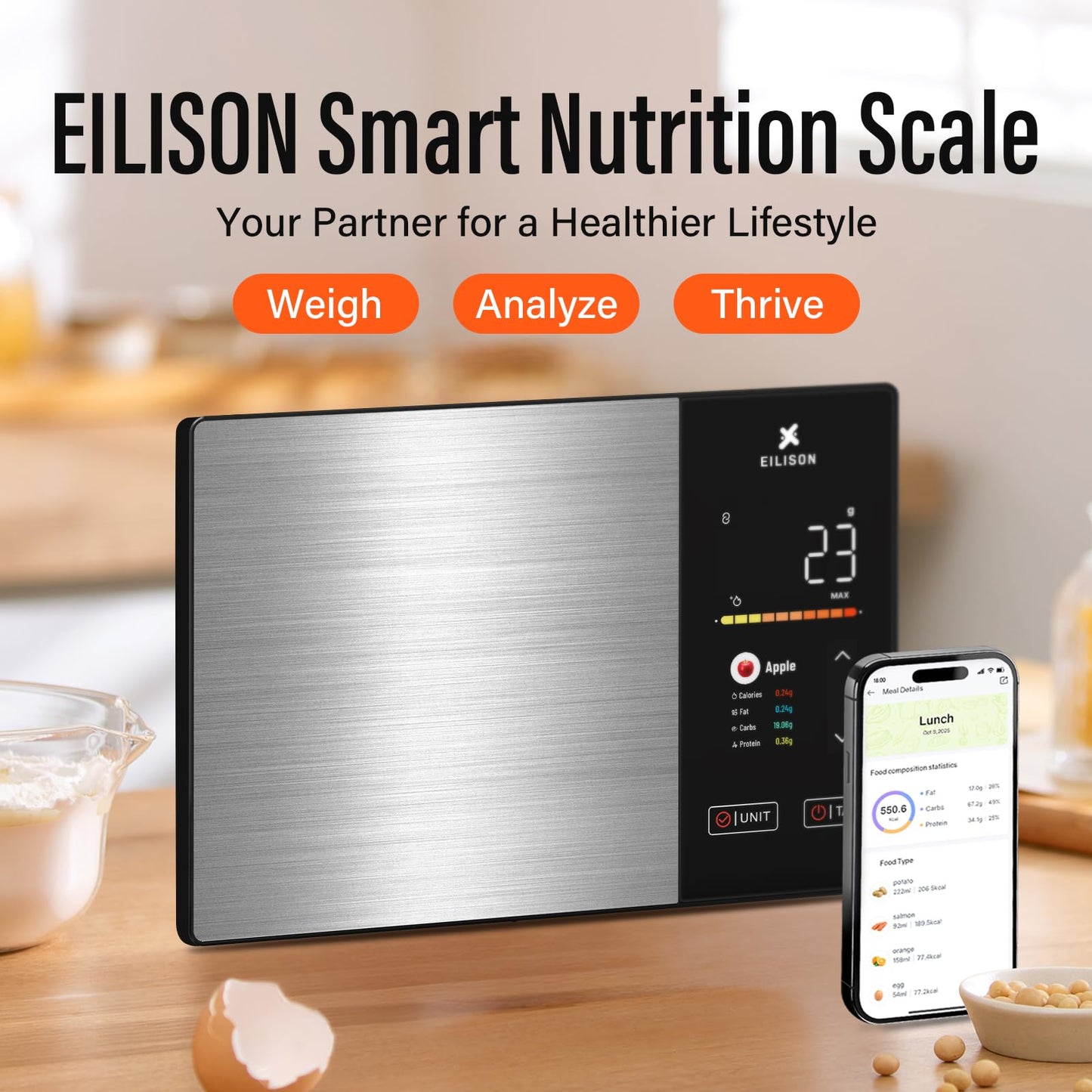 EILISON Smart Kitchen Scale with Nutrition Calculator, Digital Food Scale, Large TFT Color Display, Bluetooth App for 999+ Foods, Calorie Counter & 24 Nutrients Analyzer, 5000g Capacity (Black)