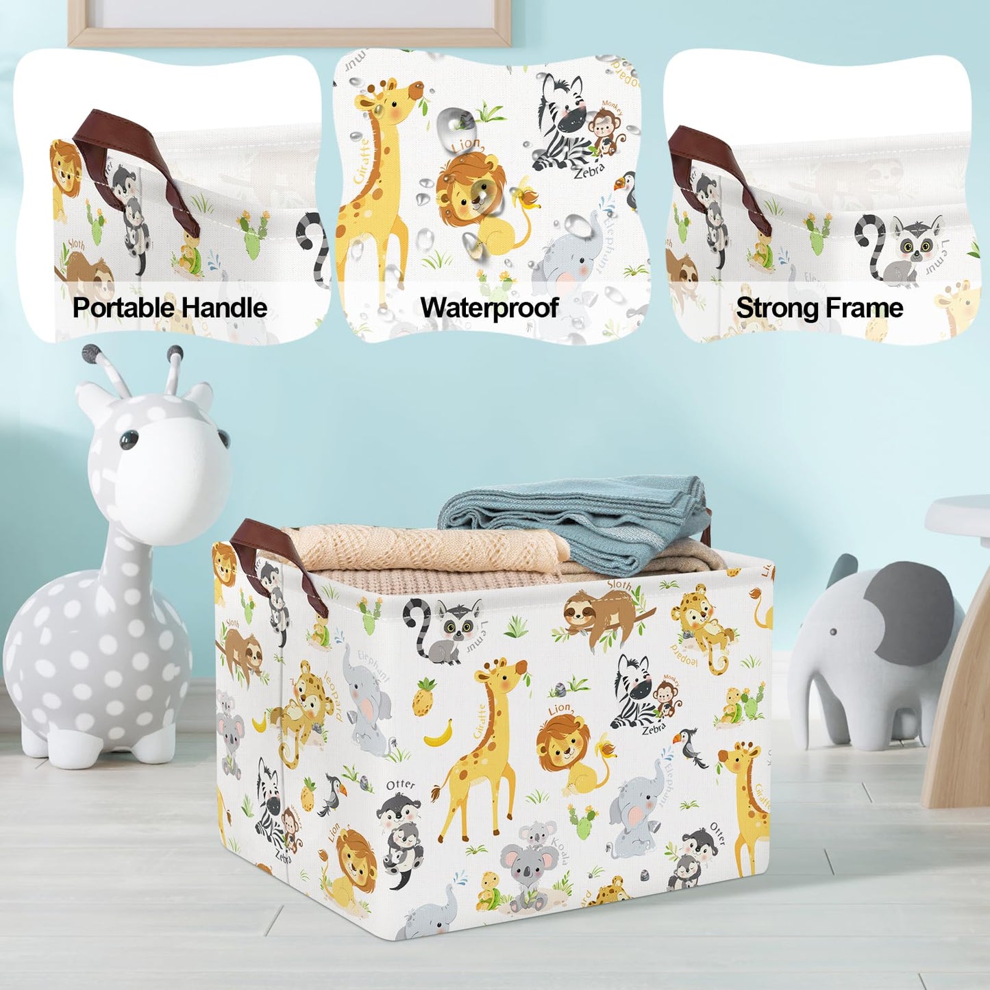 Clastyle Rectangular Baby Storage Basket Large Collapsible Kid Toy Bin Nursery Classroom Books Shelf Basket Shower Towel Gift Basket Giraffe Lion Elephant Pet Basket(Animal)
