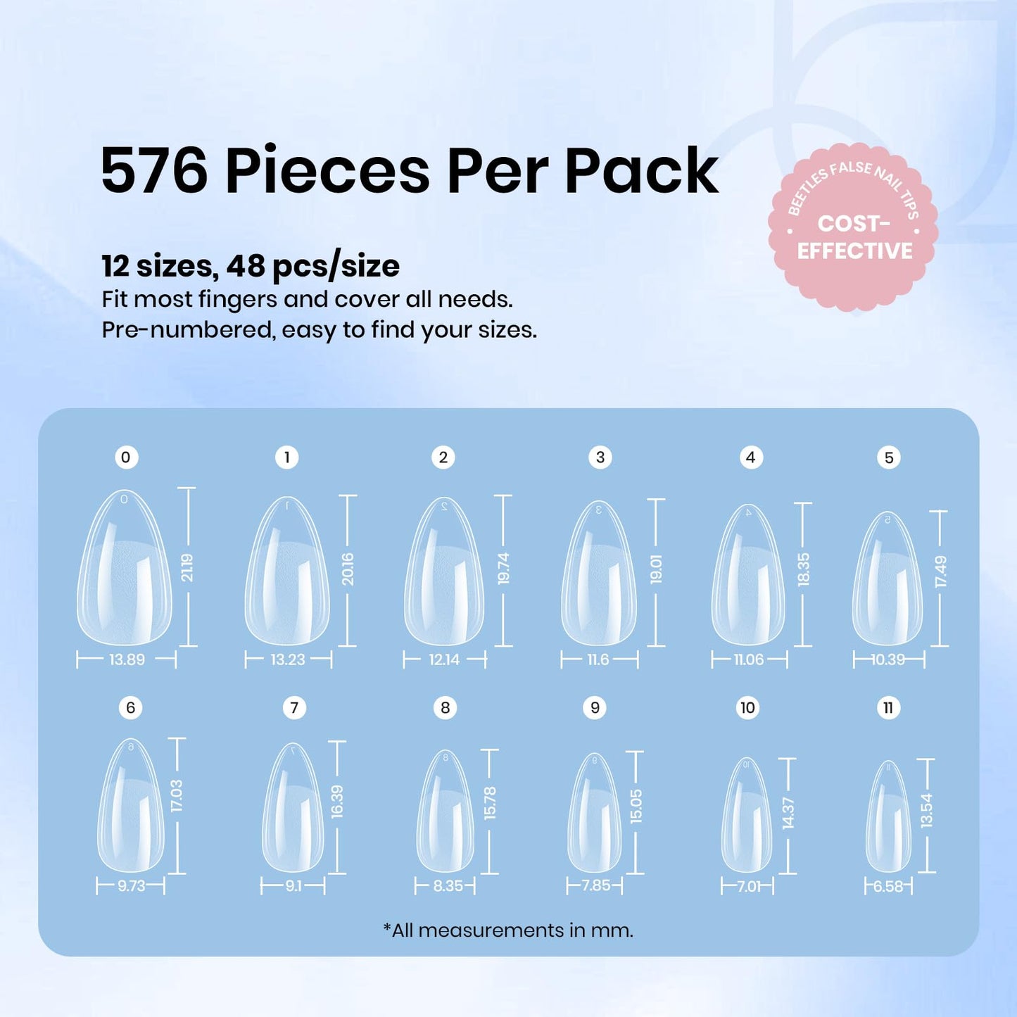 Beetles Gel Nail Tips Almond Short, 576Pcs 12 Sizes Etch-X Half Matte Full Cover Soft Acrylic False Nail Tips Easy DIY Fake Press On Nail Extension Set Salon Gift for Women