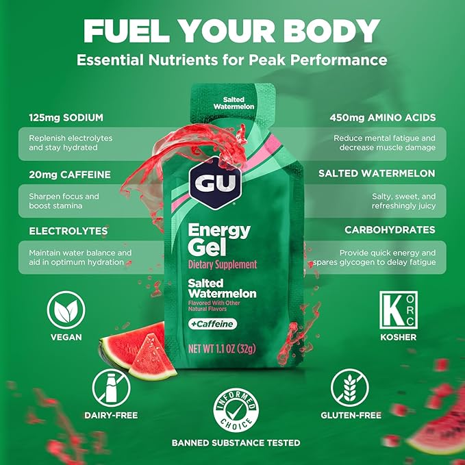 GU Energy Original Sports Nutrition Energy Gel, Vegan, Gluten-Free, Kosher, and Dairy-Free On-the-Go Energy for Any Workout, 24-Count, Salted Watermelon