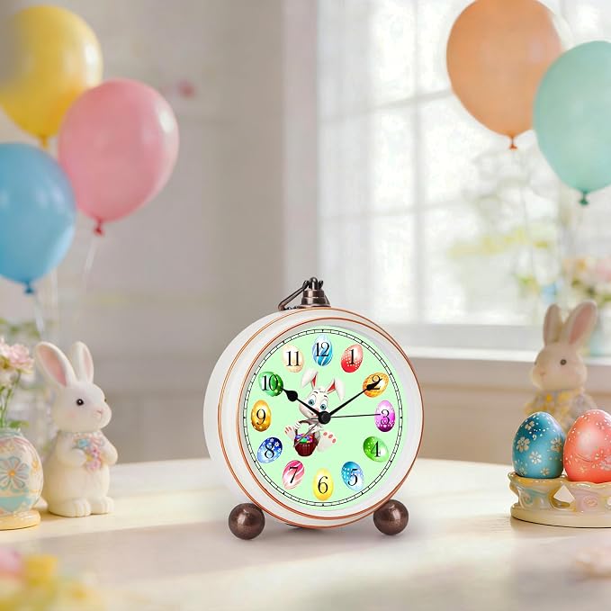 Maxspace 5.2in Cute Easter Egg Metal Table Clock, Quartz Movement Non-Ticking Small Alarm Clock with Battery Operated, HD Glass Bunny Desk Clock for Bedroom Living Room (Easter)