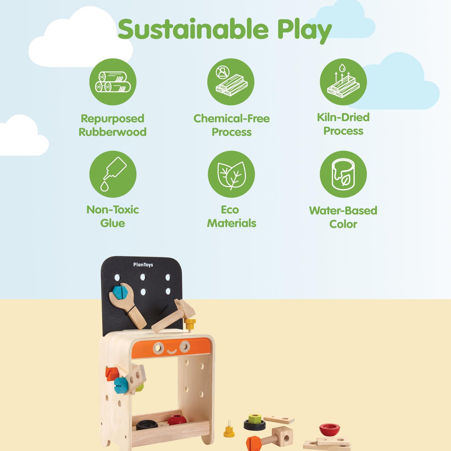 PlanToys® Wooden Tool Bench for Kids | Pretend Play Construction Toy with Tools & Accessories | Educational STEM Toy for Toddlers | Montessori Fine Motor Skills Workbench Playset